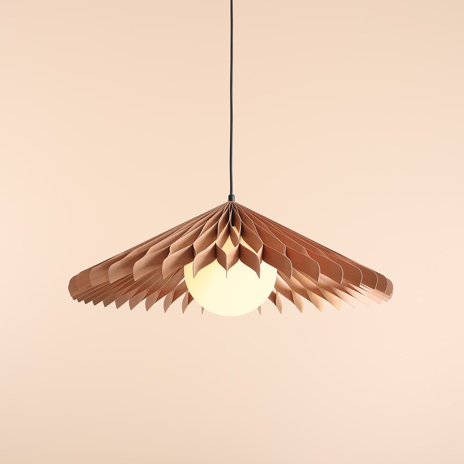 Nature Sun pendant light glass XL, flat cone, Ø 69 cm, wood