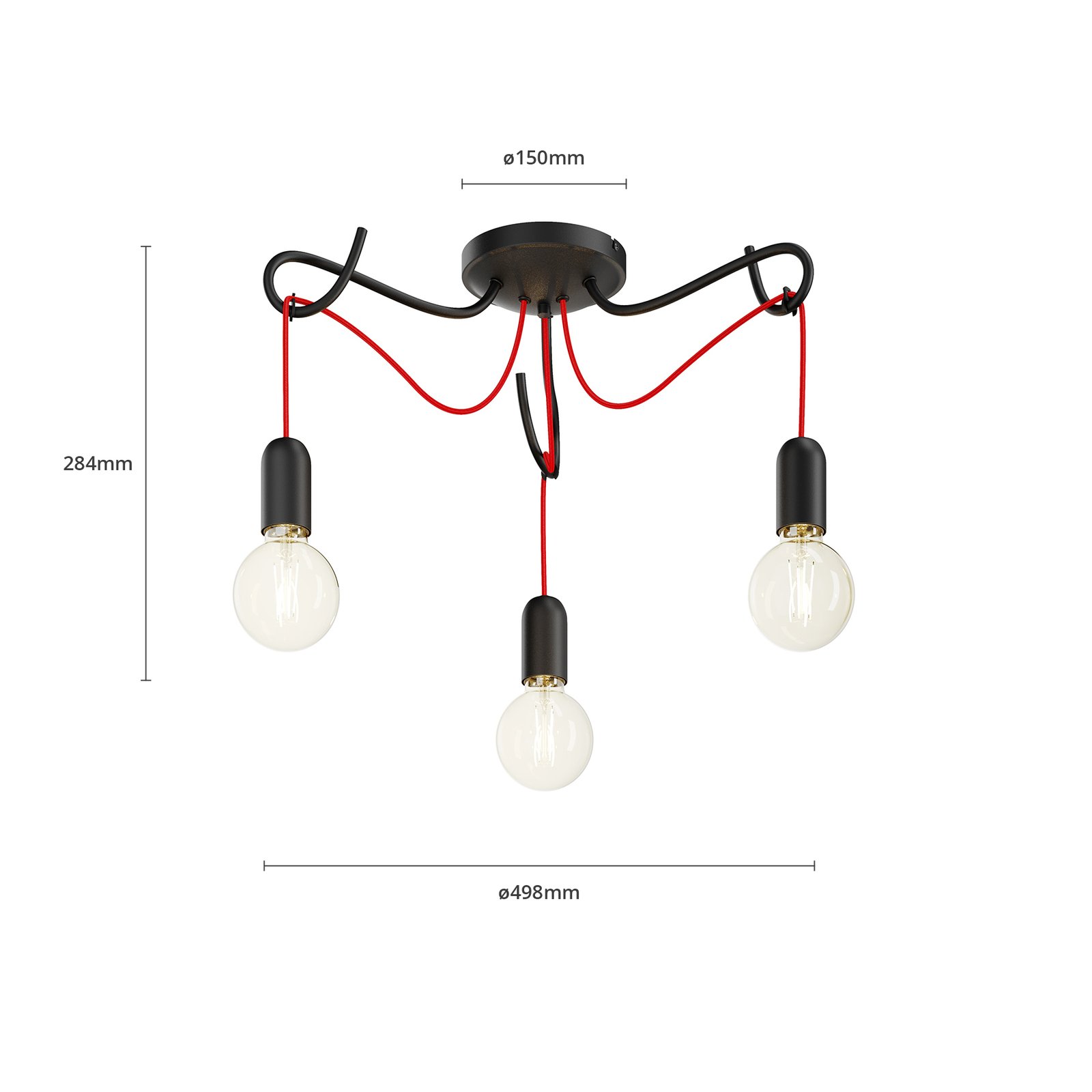 Lucande Jorna taklampe, 3 lyskilder, rød kabel
