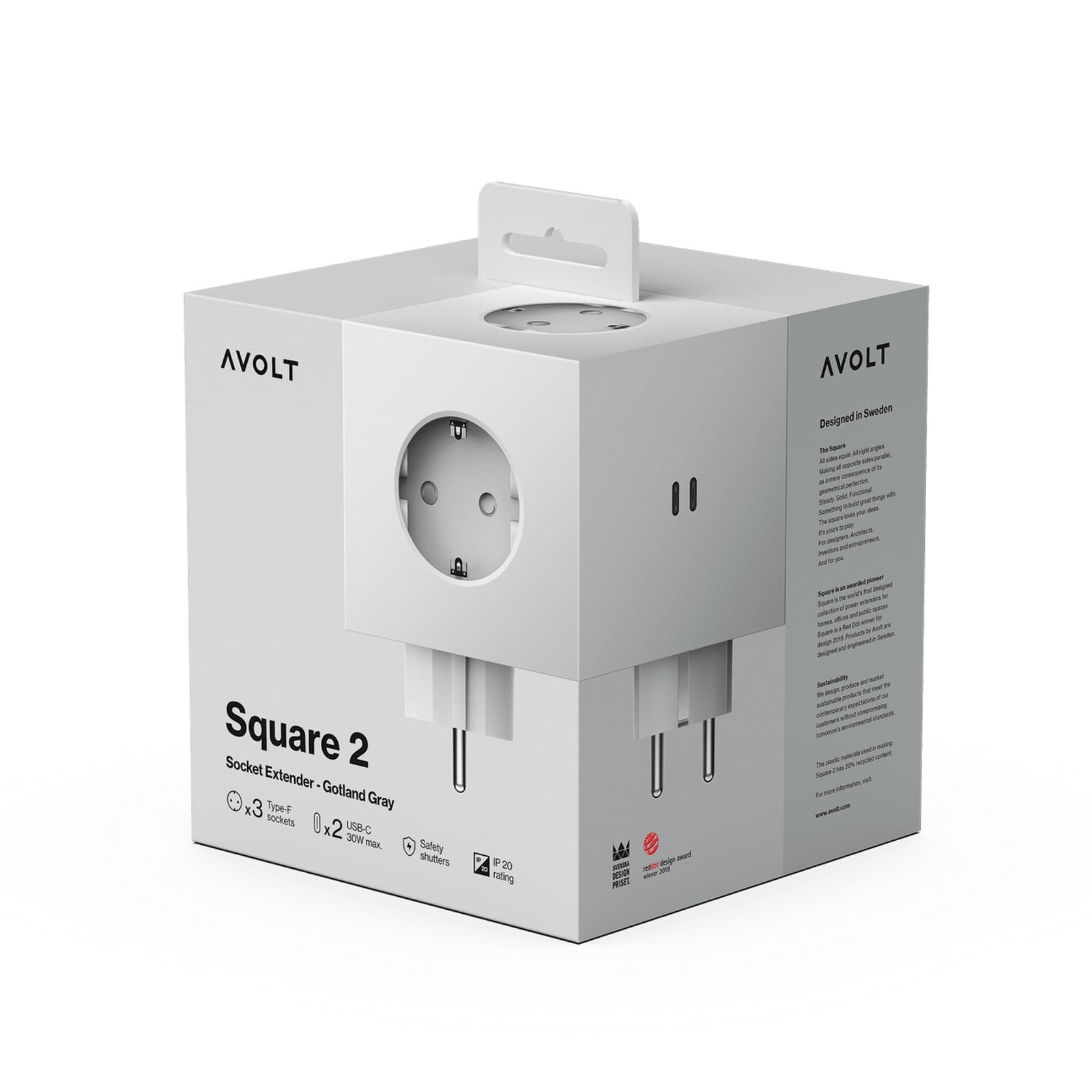 SQUARE 2 mellomstikkontakt, grå, 3 x Schuko, 2 x USB – AVOLT