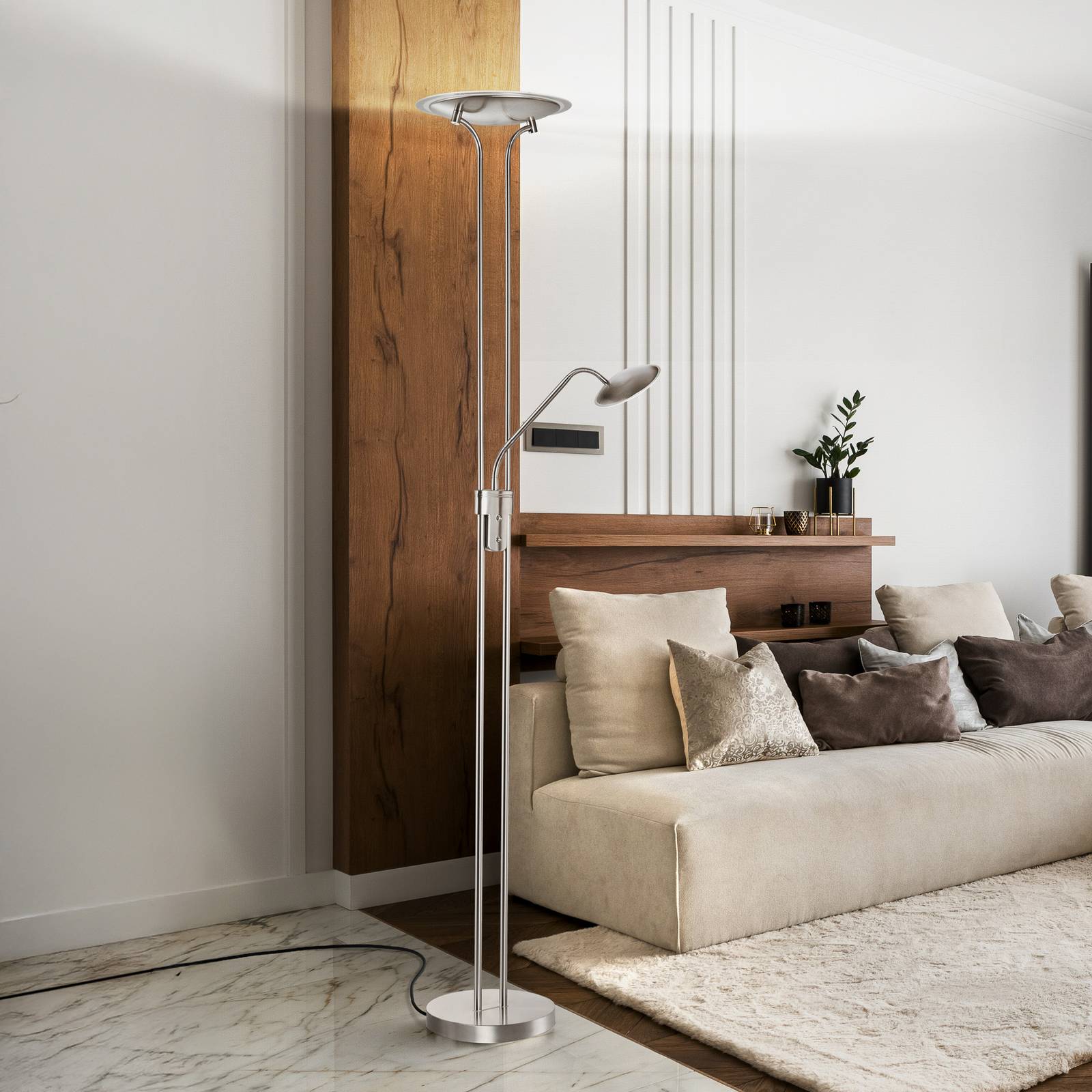 FISCHER & HONSEL Lampe sur pied LED Tallri, nickel Hauteur 180 cm à 2 lampes CCT Touchdim