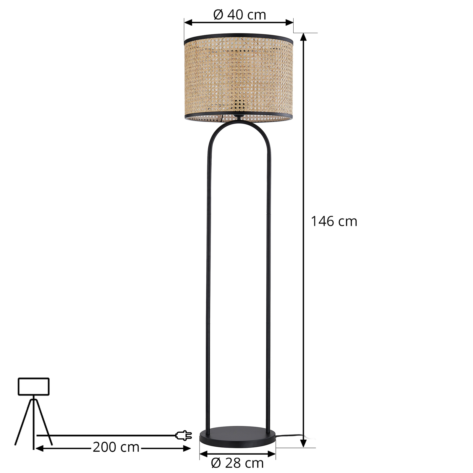 Lindby állólámpa Yaelle, 146 cm magas, rattan, fekete, E27