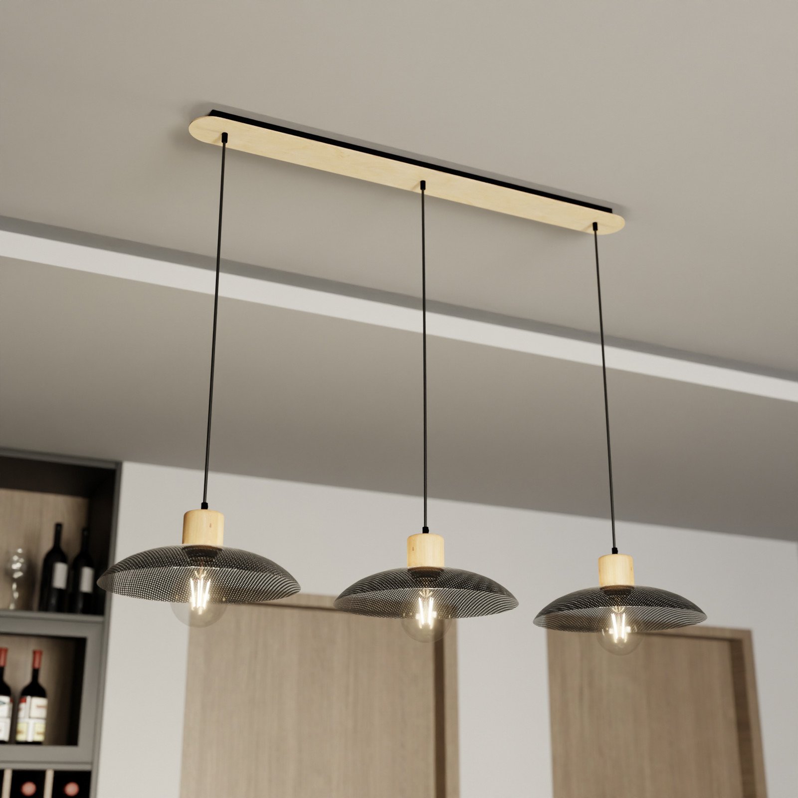 EMIBIG LIGHTING Lampă suspendată Kobe 3 becuri oțel lemn negru - Camera de zi / sufragerie - negru lemn deschis - Metal