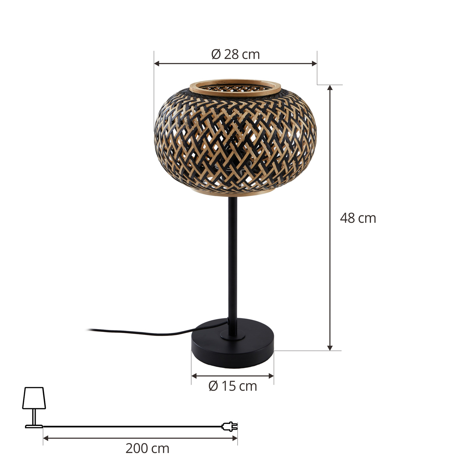 Stolná lampa Lindby Nerys, čierna, bambus, Ø 28 cm