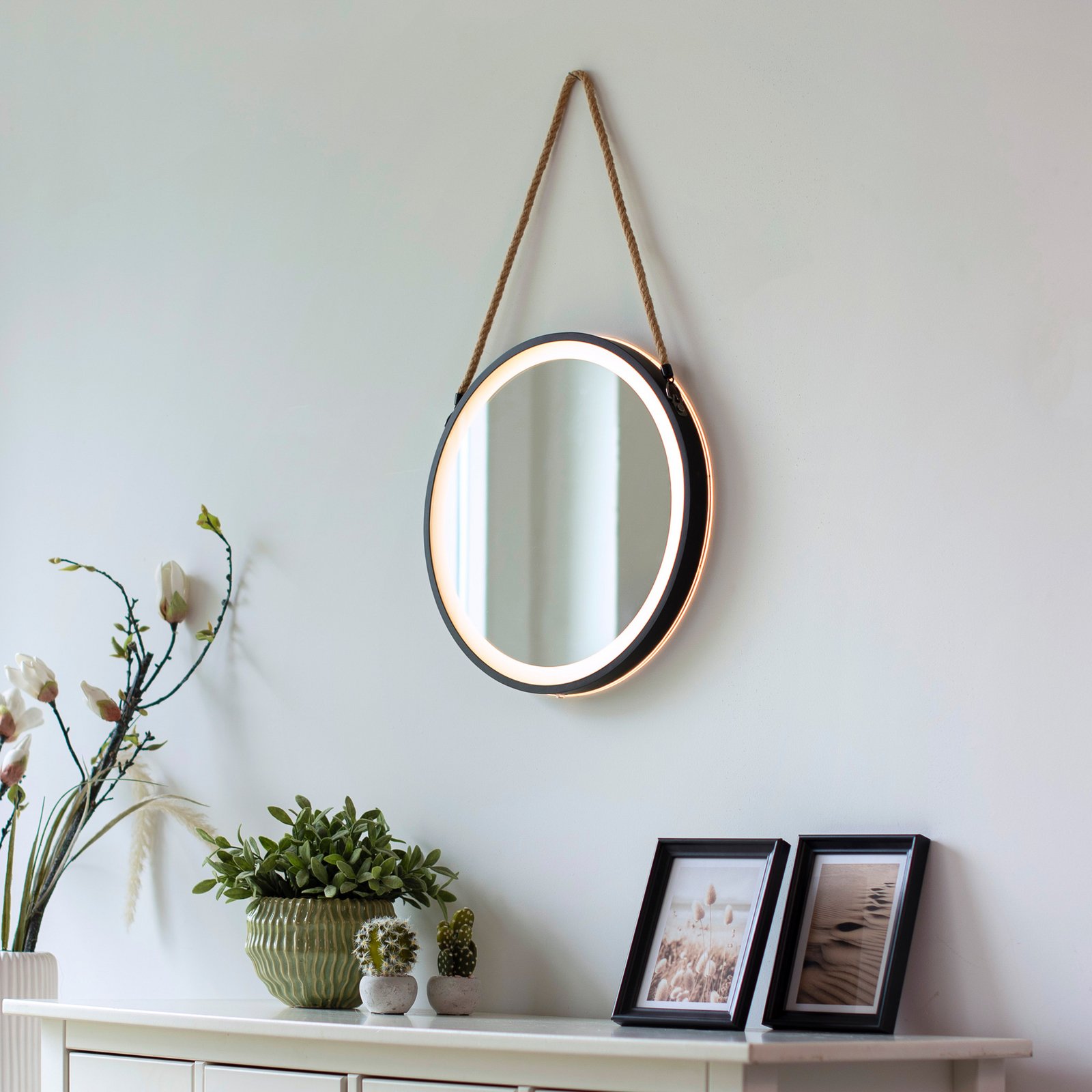 LED nástenné zrkadlo VIDRO, čierne, Ø 40 cm, powerbanka, závesné