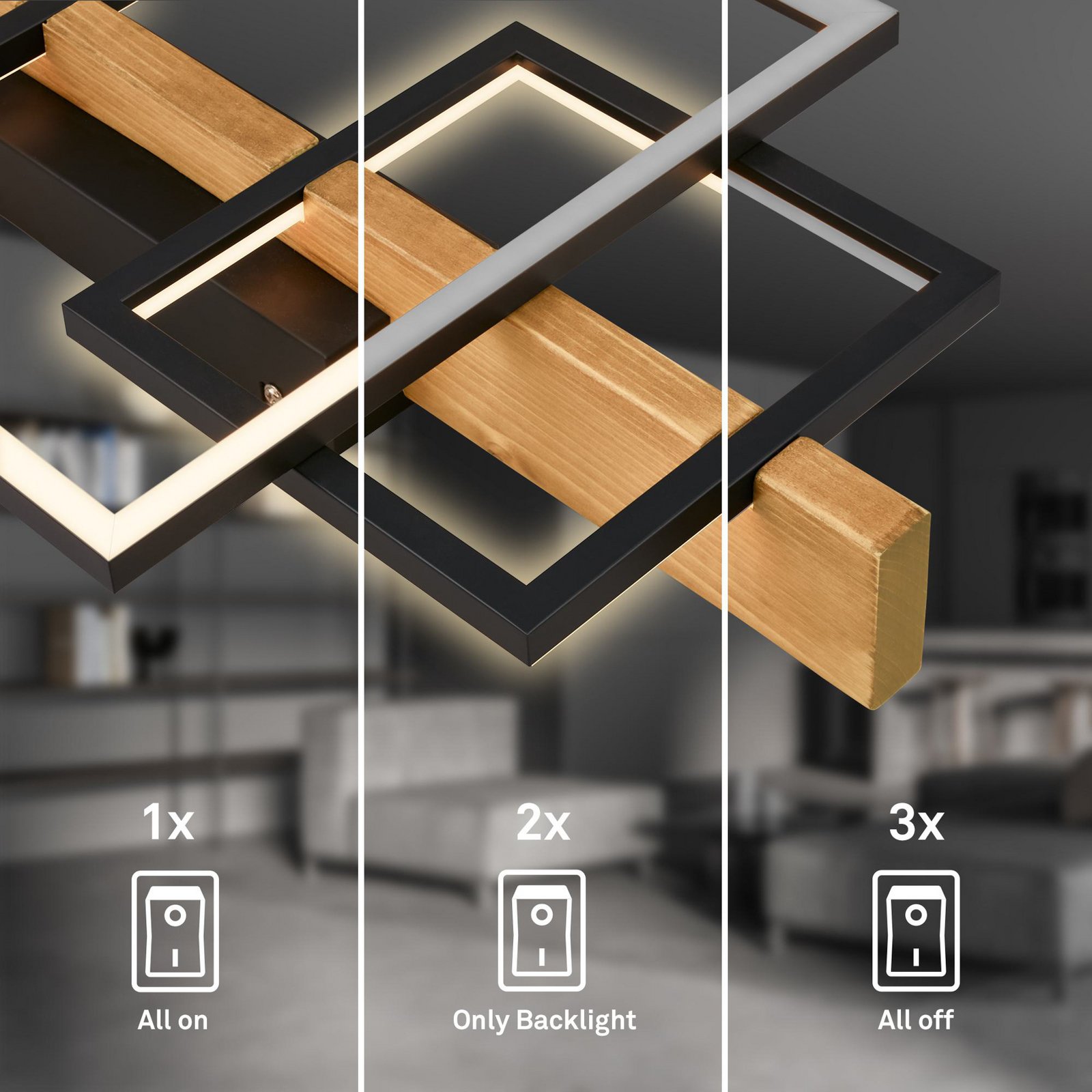 LED-Deckenleuchte Cadre, 3000K, 55cm, schwarz, Holz