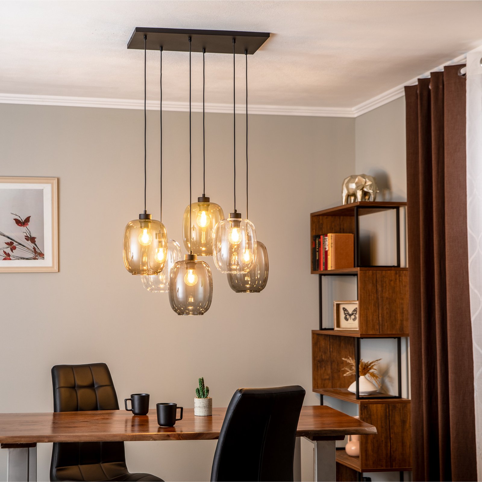Hanglamp Elio, glas, bruin/helder/grijs, rechthoek 6-lamps