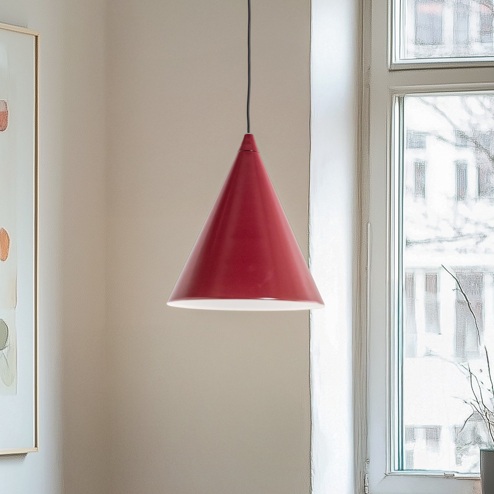 Hengelampe Form, vinrød, metall, Ø 24 cm, kjegle, E27