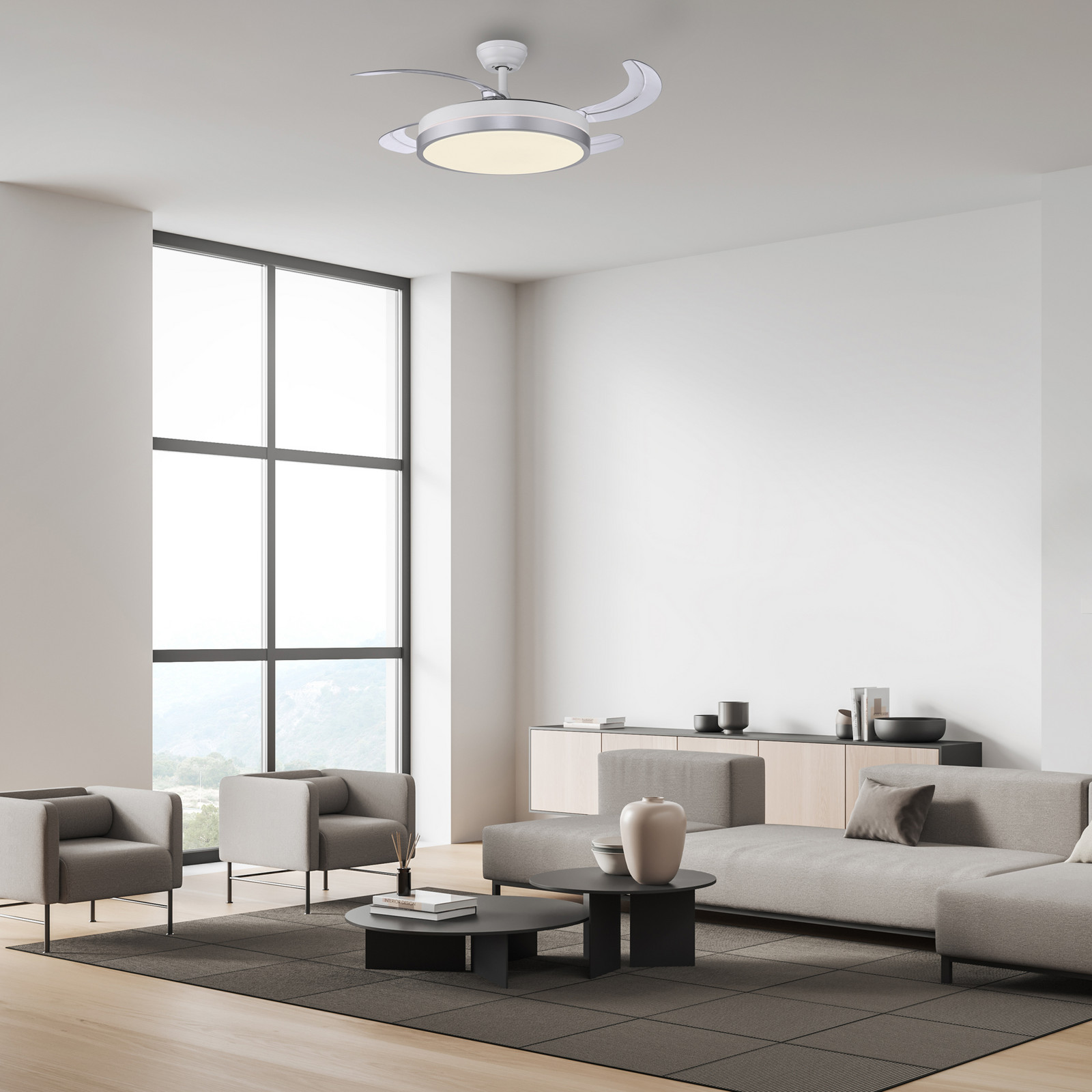 JUST LIGHT. GmbH LED тавански вентилатор Kopta, сребрист, CCT, с дистанционно управление, Ø 107
