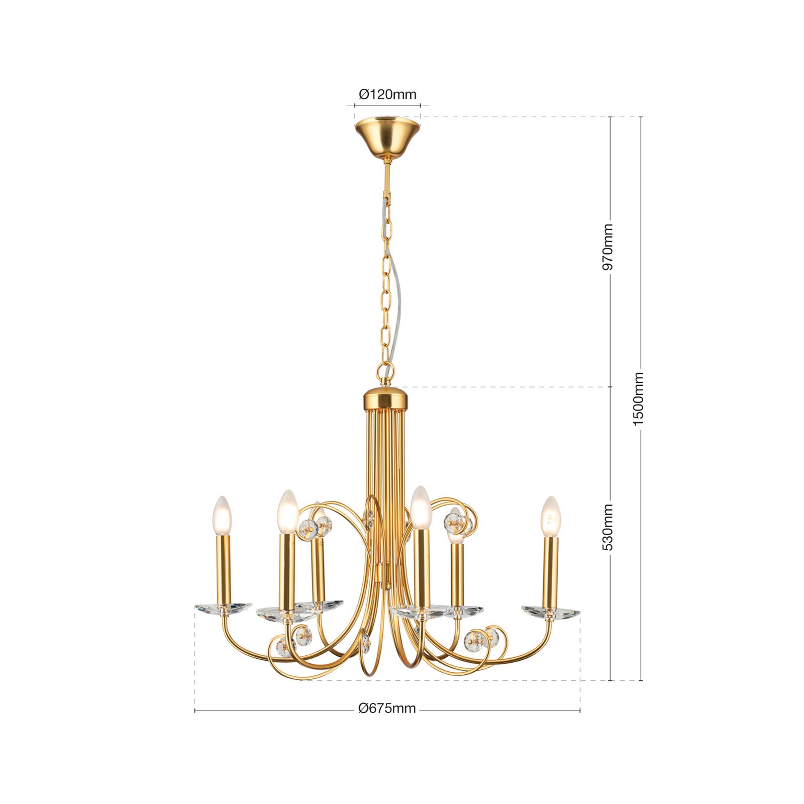 Ariane chandelier, gold-coloured, Ø 67.5 cm, crystal, 6-bulb.