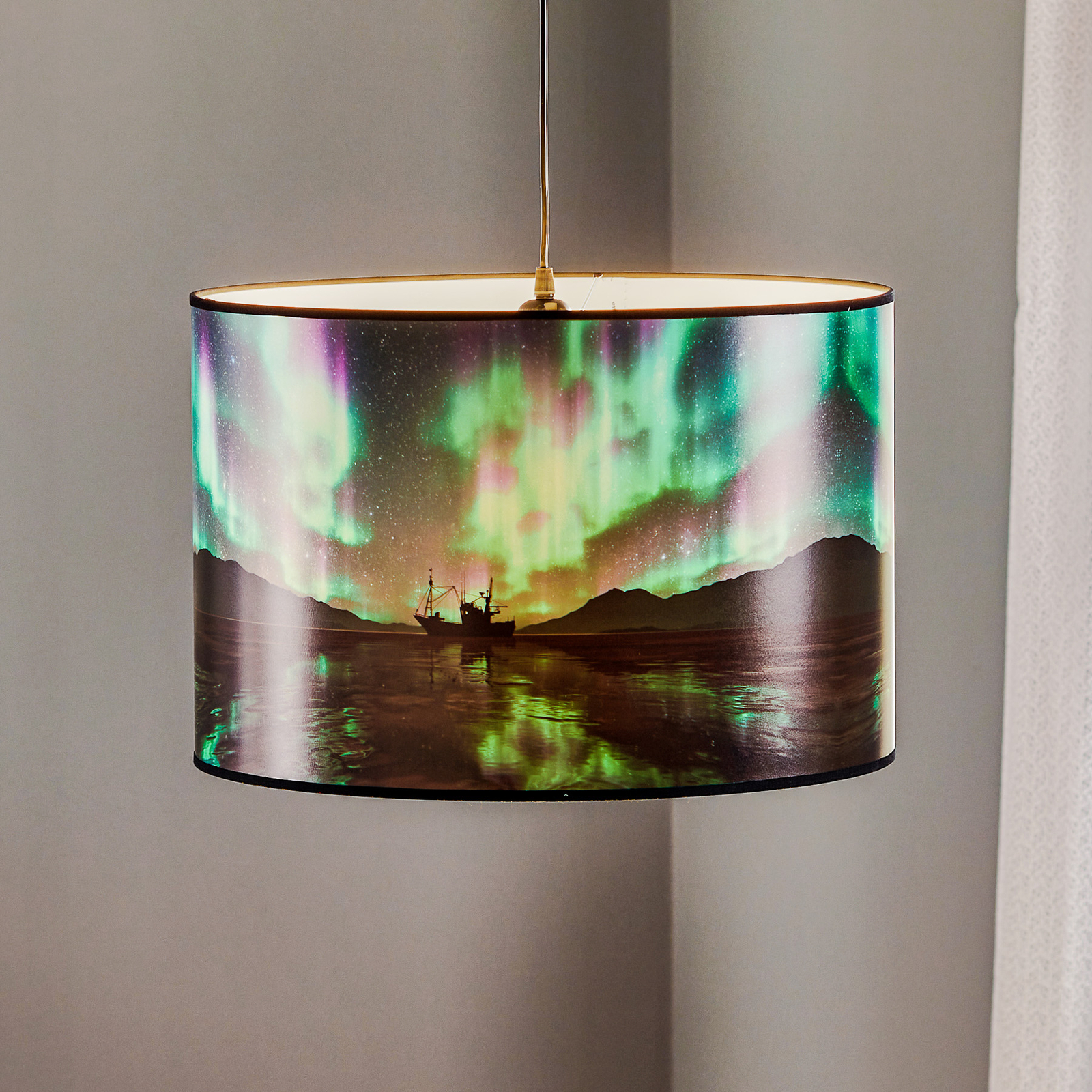 Print L hanging light with ship and auroras