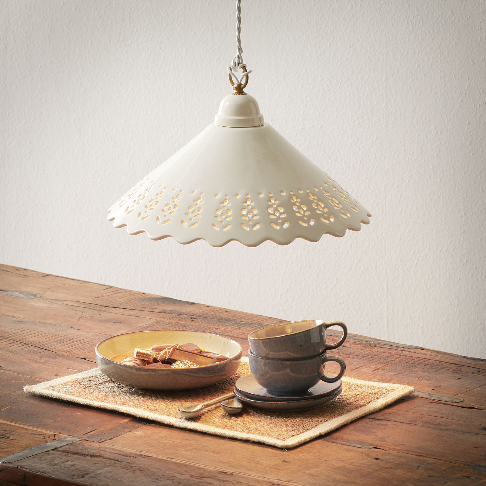 Ceramiche Hanging light Pizzo, 1-bulb, 40 cm, for Living / Dining Room, ceramic, brass, E27, 100 W, energy efficiency: A++
