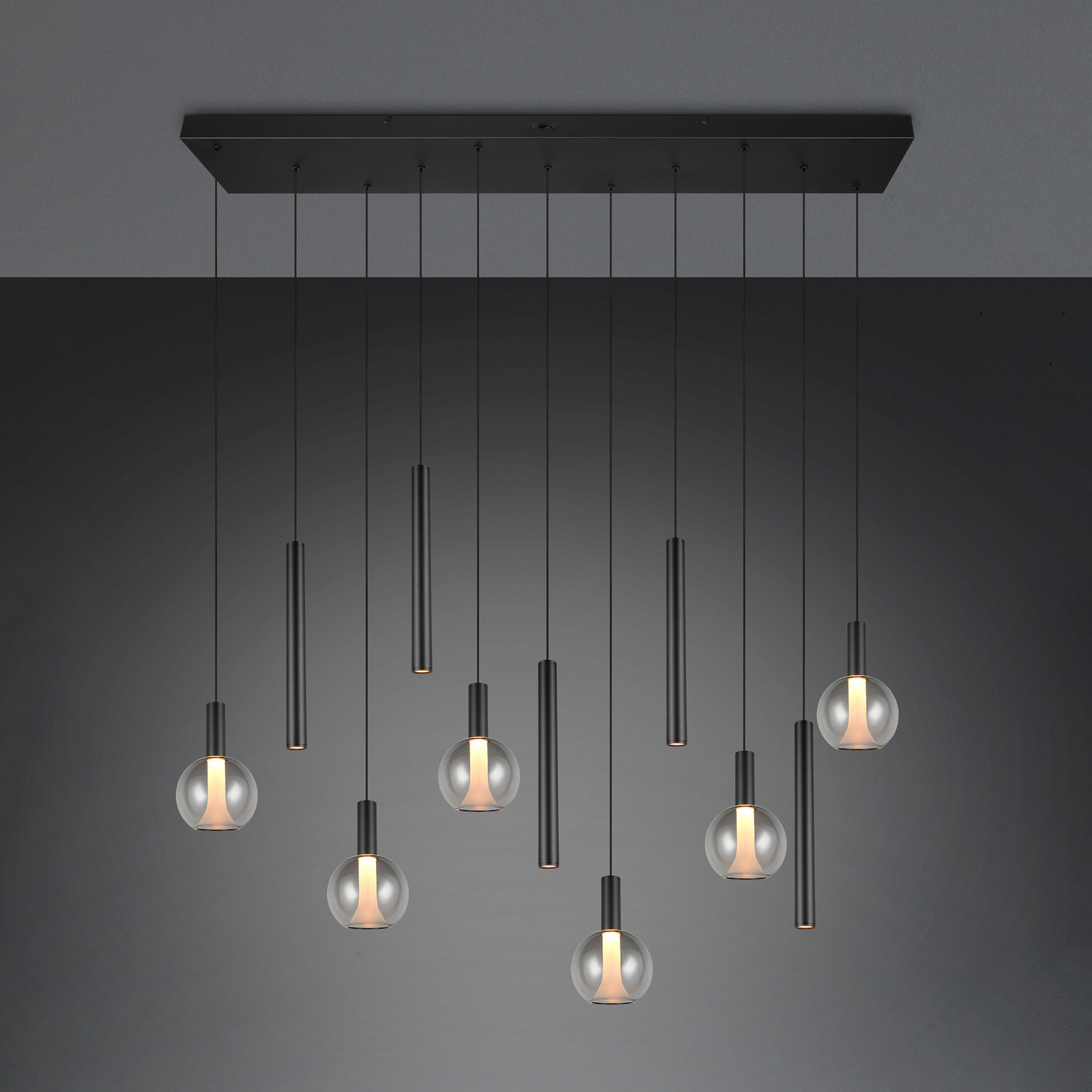 Trio Lighting LED висяща лампа „Меларо“, дължина 120 см, черна, метал/стъкло, 11-лампова