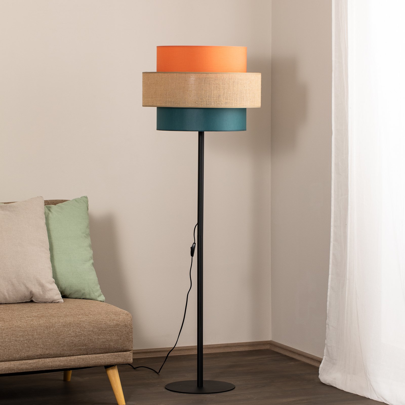 Lampe sur pied Trio, abat-jour en jute, orange/brun naturel/pétrole