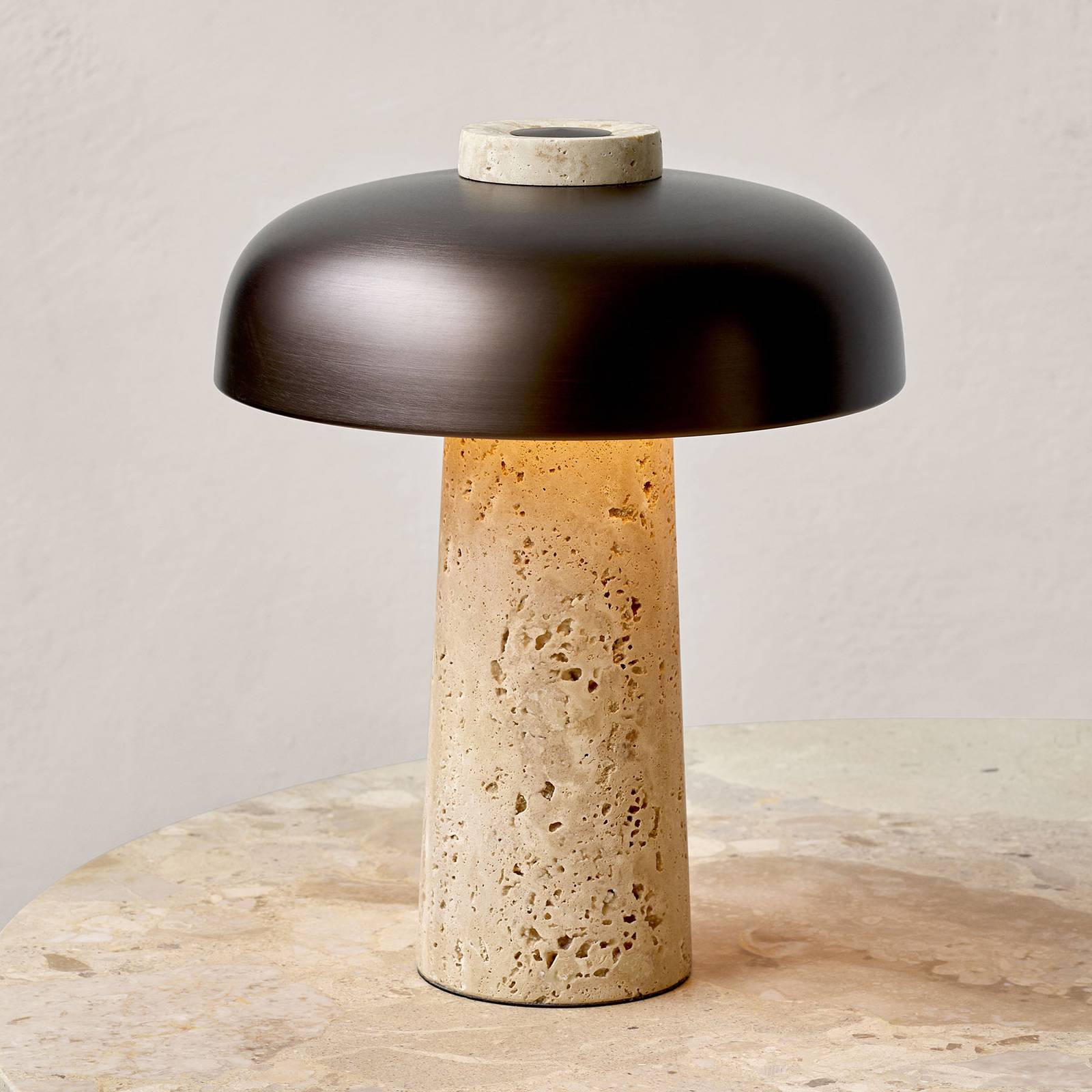 Menu Reverse LED table lamp, travertine base Lights.co.uk