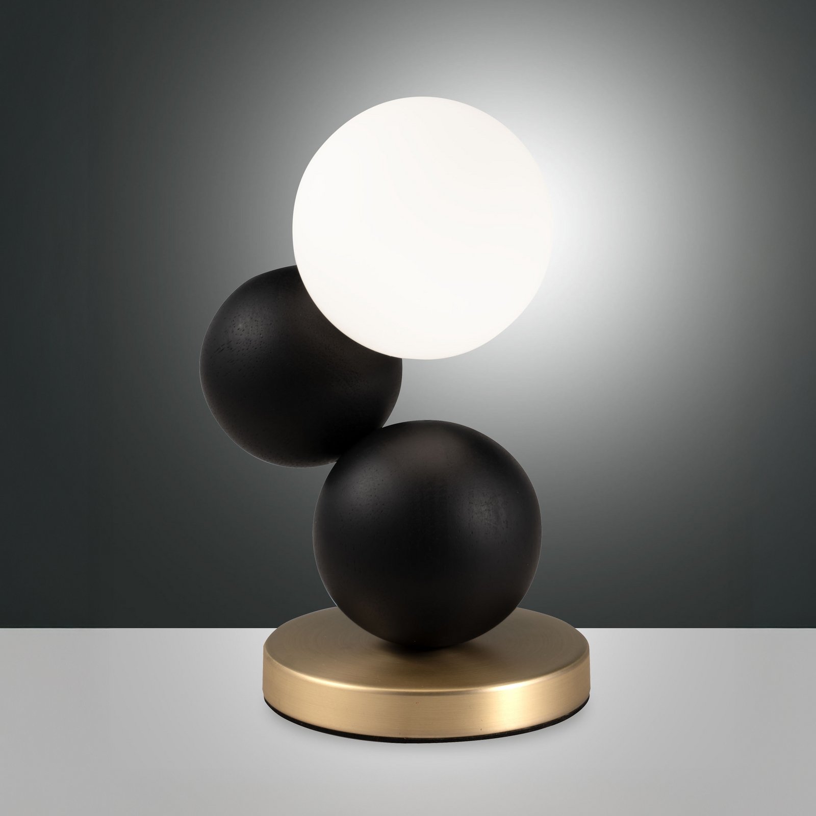 Micky table lamp, black/brass, wood, dimmable, G9