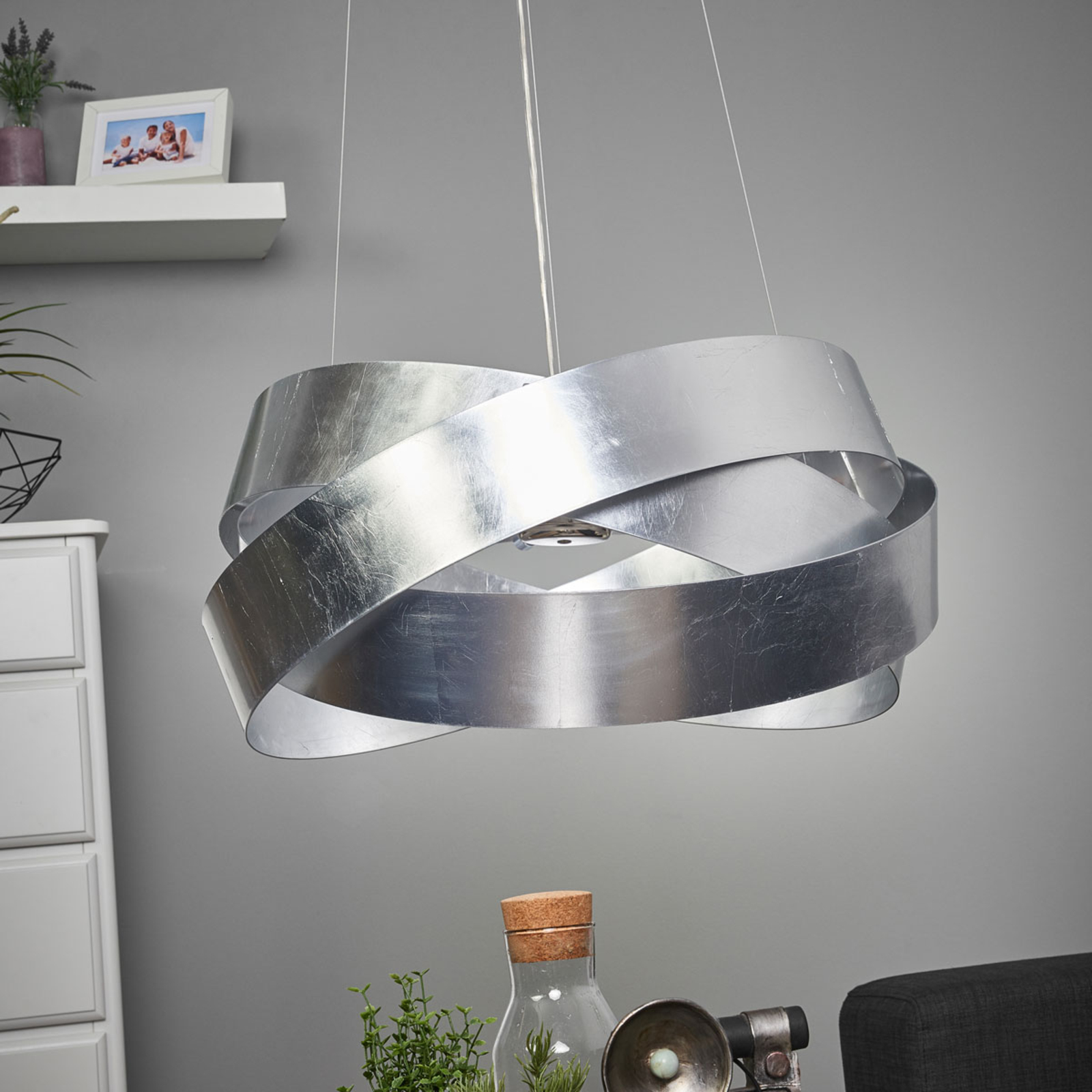 Висяща лампа Pura със сребърни листа, 60cm, 8x G9