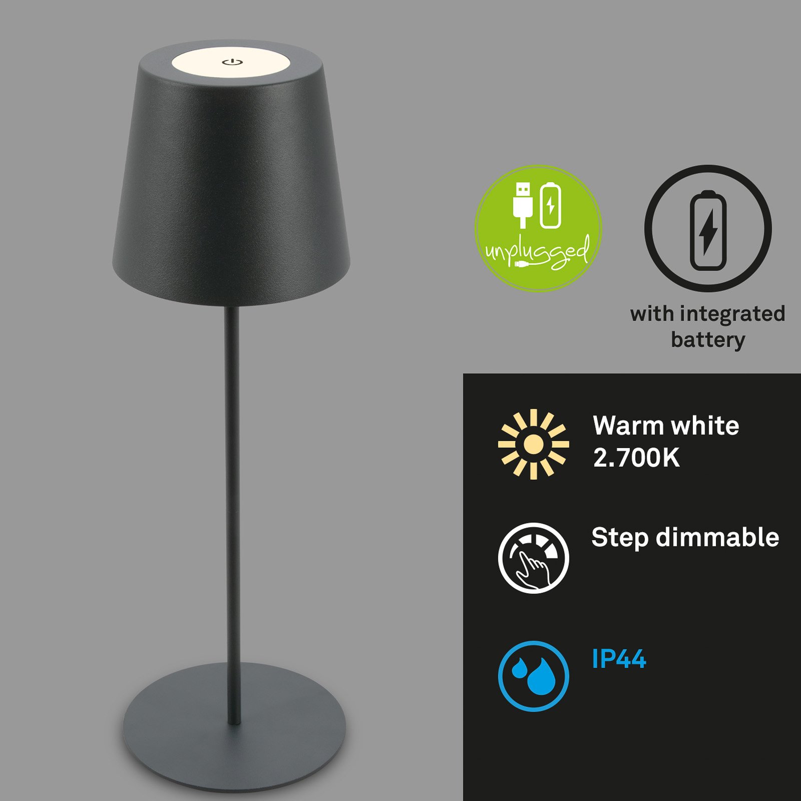 Nabíjecí stolní lampa LED 7508015, antracitová 2 700 K IP44 Touchdim