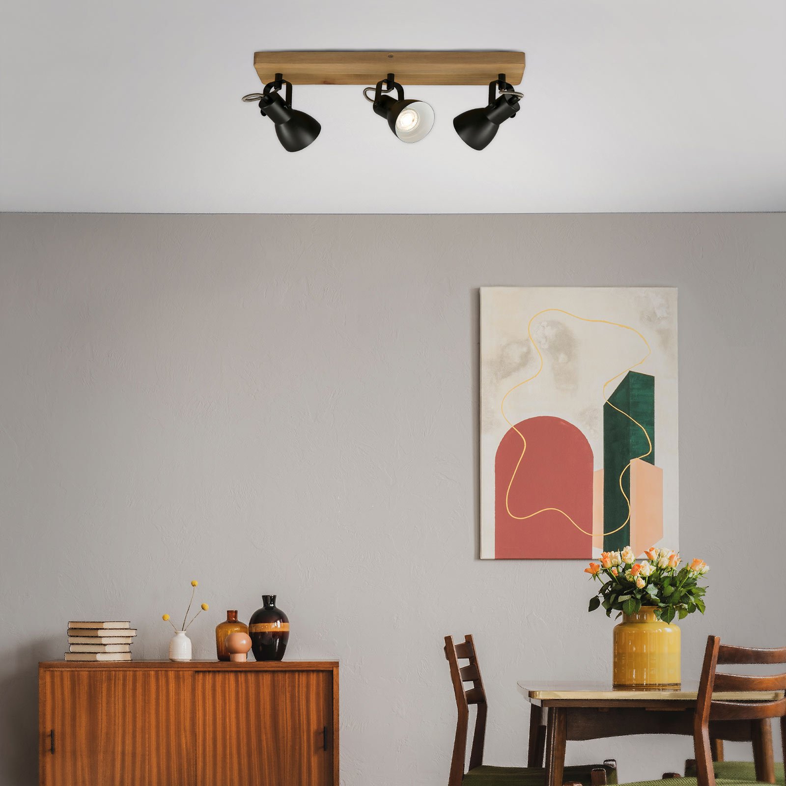 Arbo plafondspot met houten element, 3-lamps