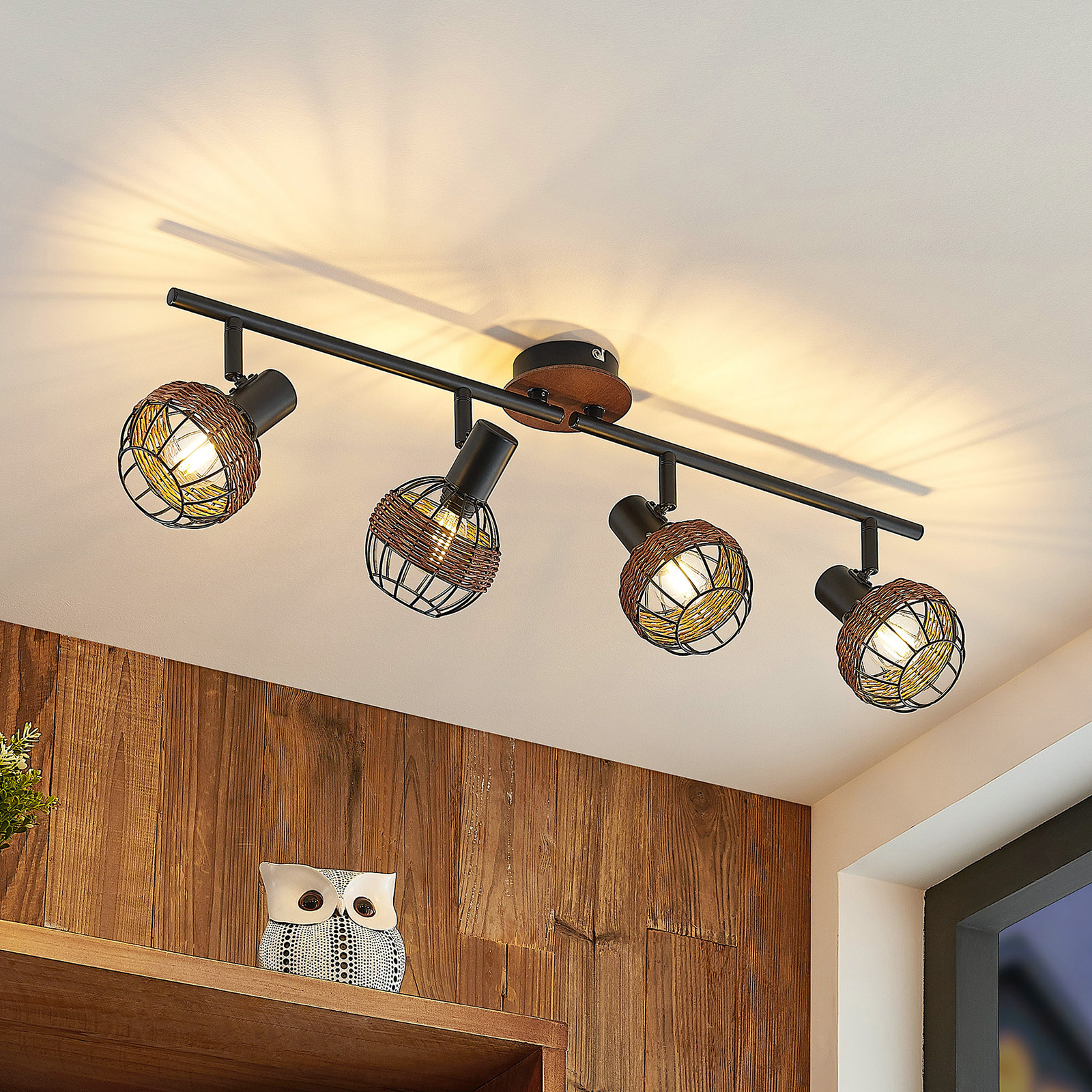 Lindby Nermina rotan-spot, kooi, 4-lamps