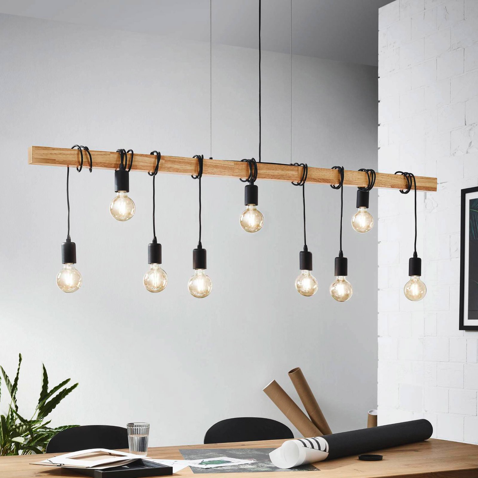 Townshend hanglamp met hout, 9-lamps