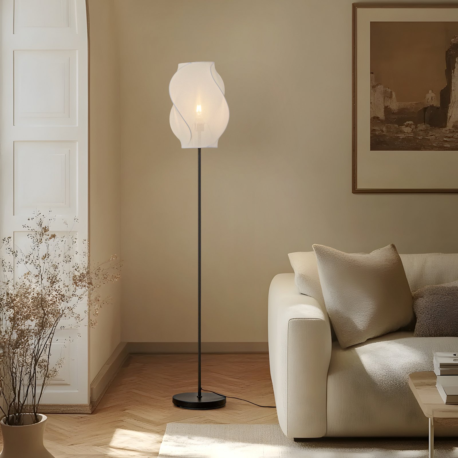 Lucande podna lampa Tovina, tekstil, bijela, visina 165 cm