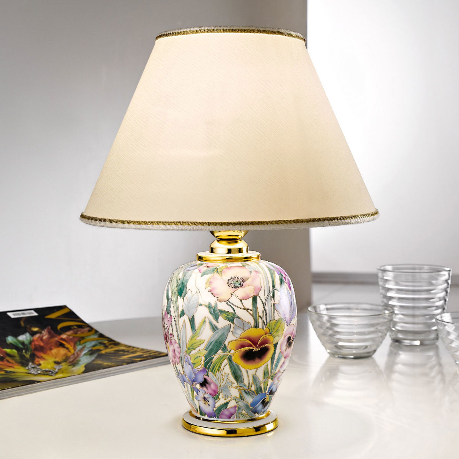 Stolna lampa Giardino Panse, cvjetni print, Ø 25 cm