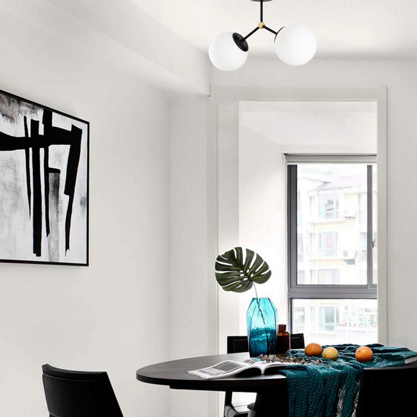 Plafonnier Damar, noir, verre, à 2 lampes, longueur 44 cm
