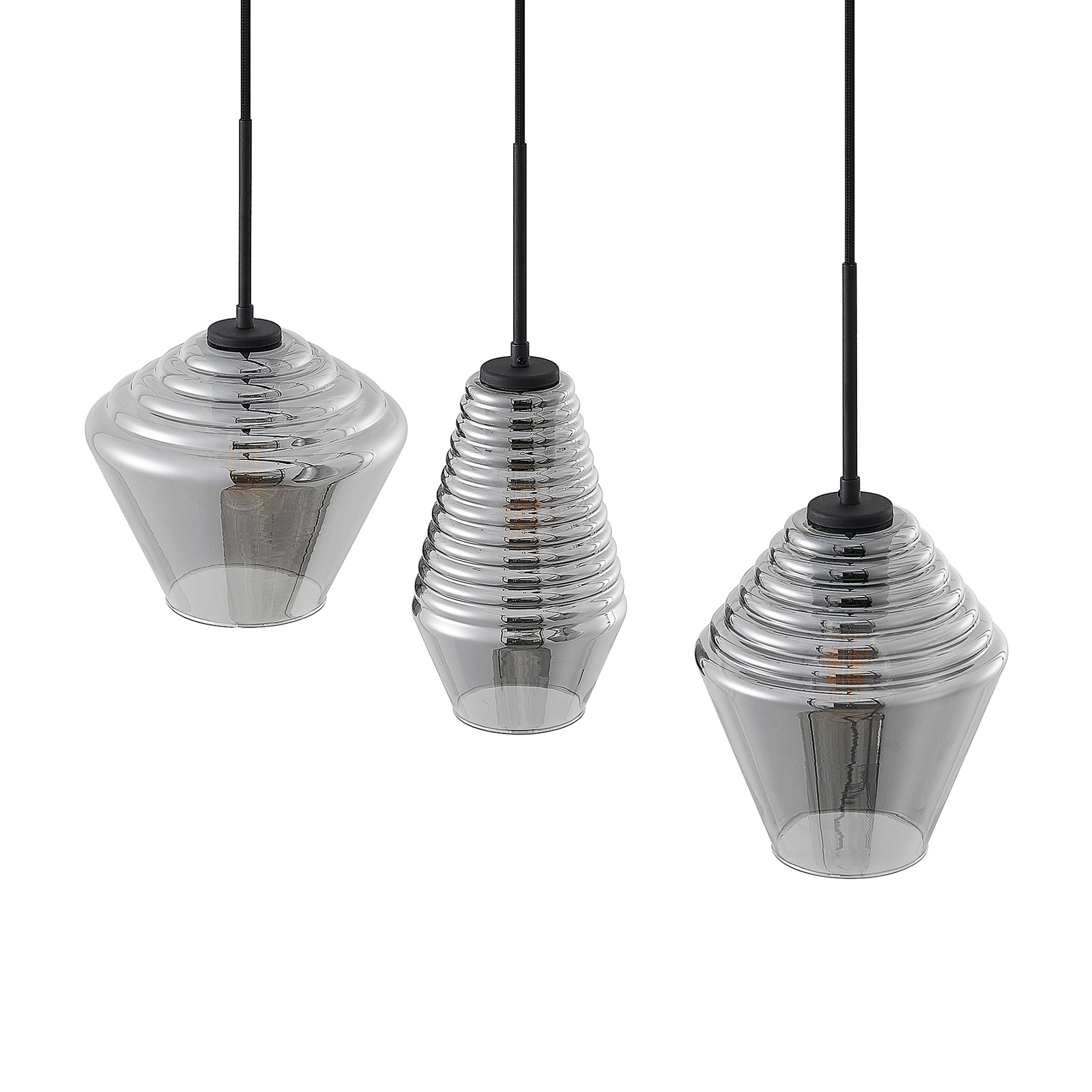 Lindby Ekkis hanging light, 3-bulb long smoky grey