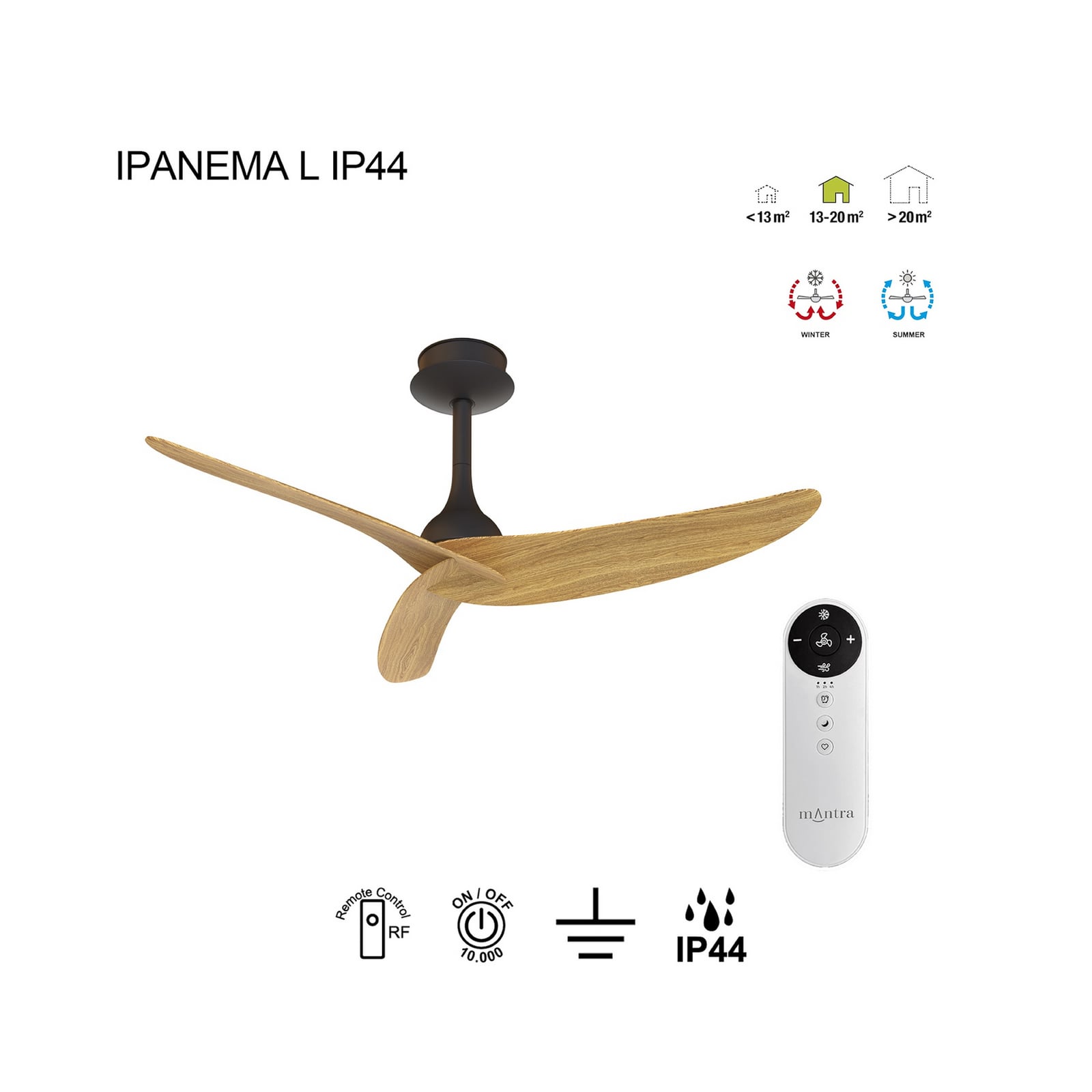 Plafondventilator Ipanema zwart/hout DC stil IP44 - Mantra Plafondventilator Ipanema zwart/hout DC stil IP44 - Mantra