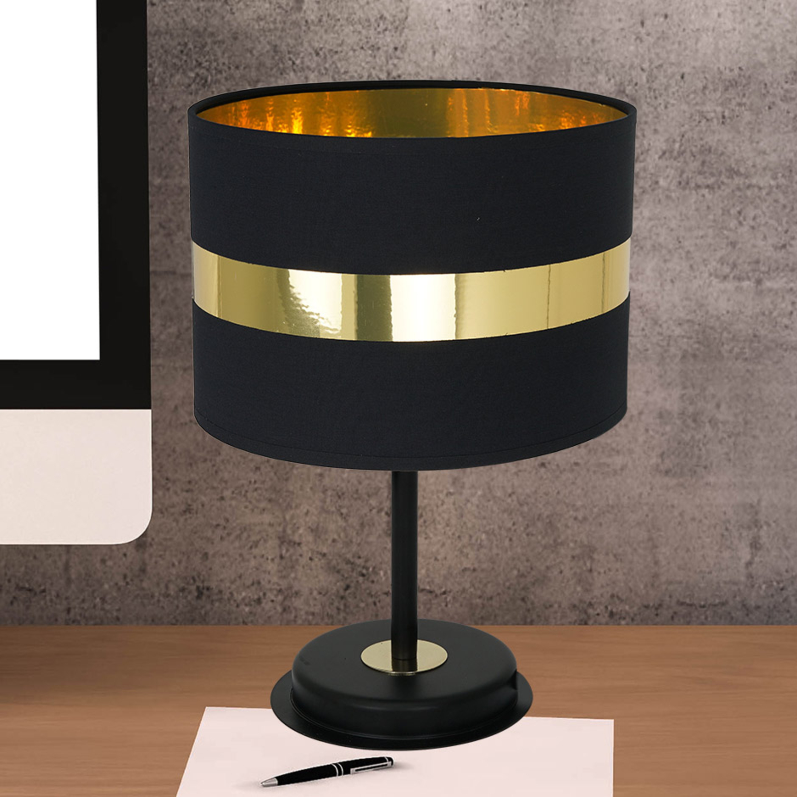 Bordlampe Palmira med tekstilskjerm, svart/gull