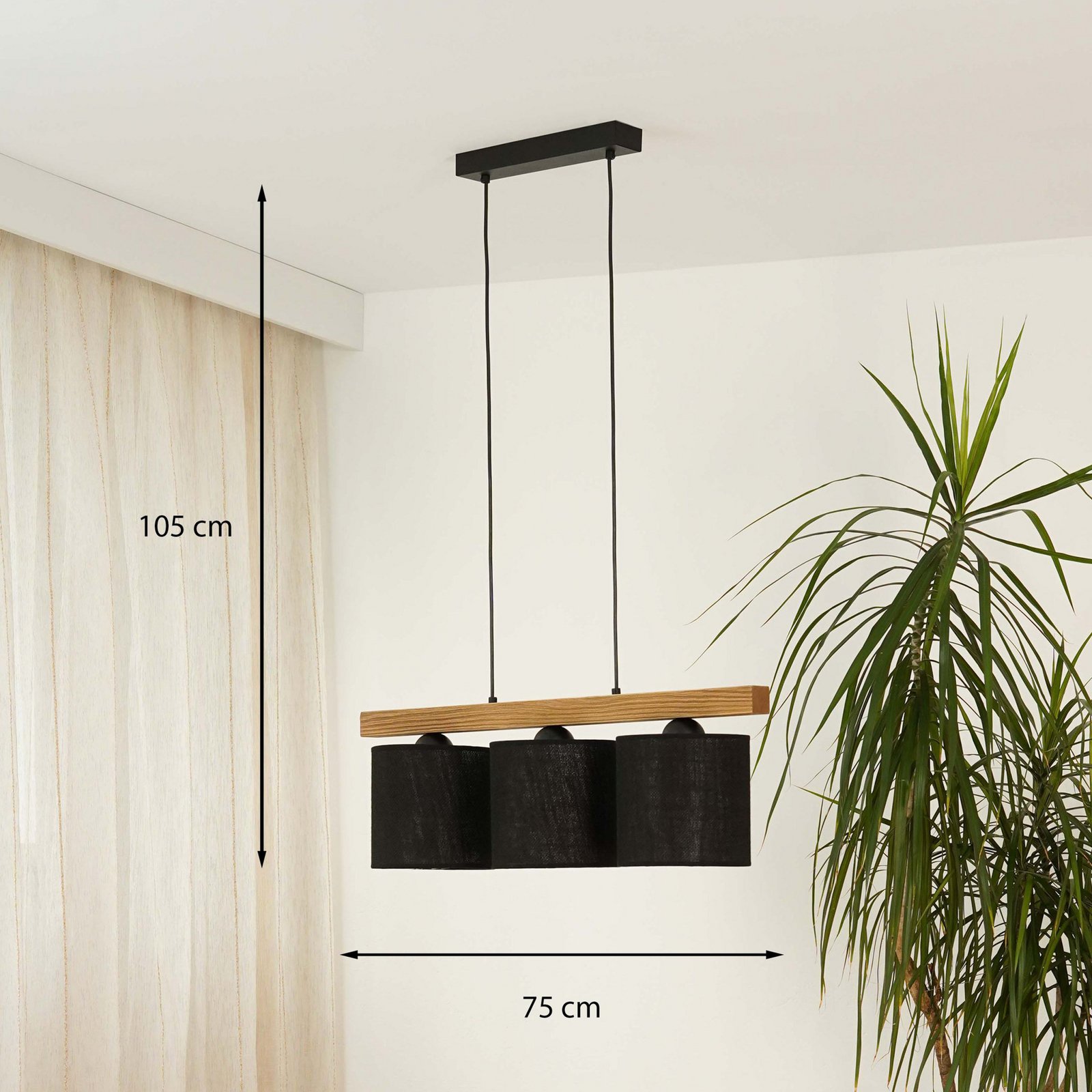 Forest hanging light, light wood/black, black jute, 3-bulb