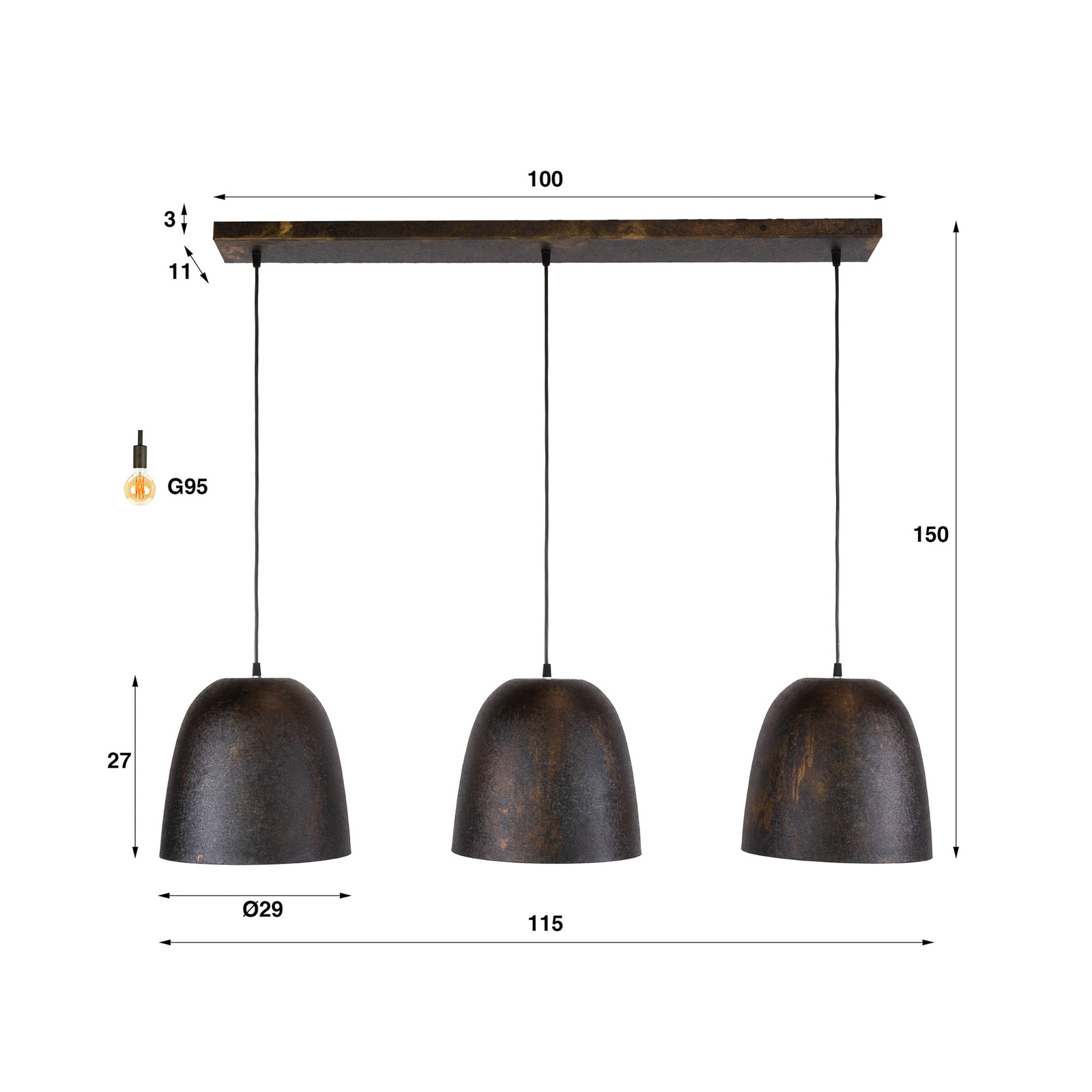 Pendelleuchte Nova, braun, Metall, 3-flammig, E27, 115 cm