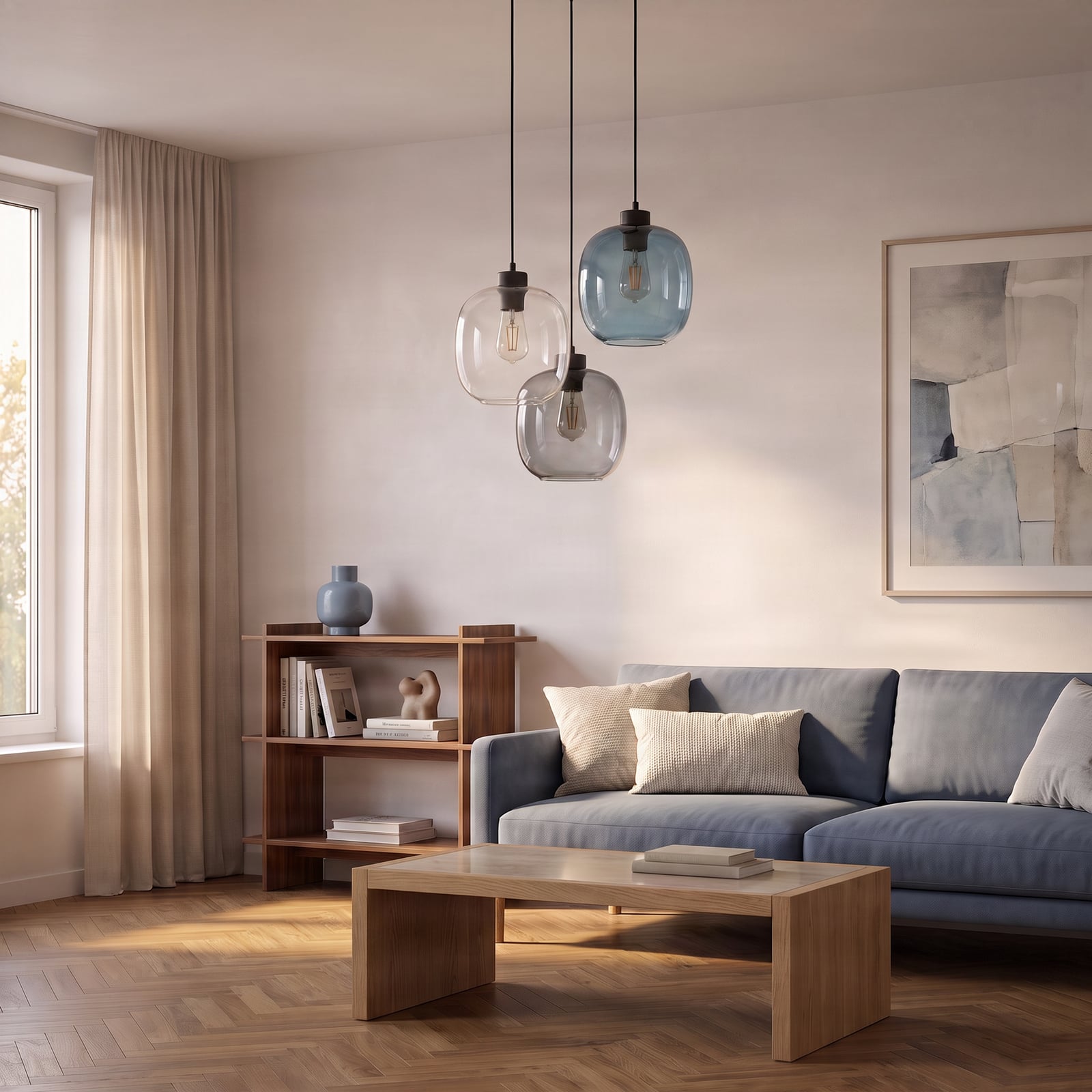 Elio hanglamp, glas, blauw/helder/grijs, Ø 52 cm, 3-lamps Elio hanglamp, glas, blauw/helder/grijs, Ø 52 cm, 3-lamps