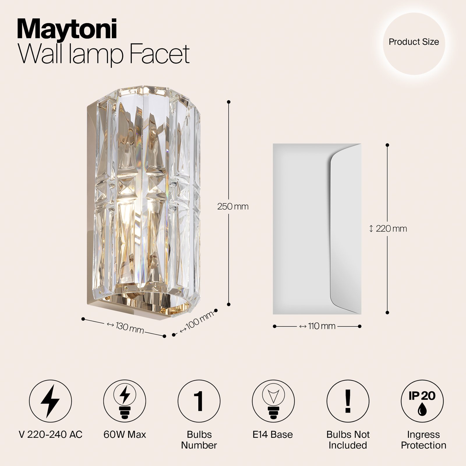 Aplique de pared Maytoni Facet, altura 25 cm, color dorado, cristal, E14