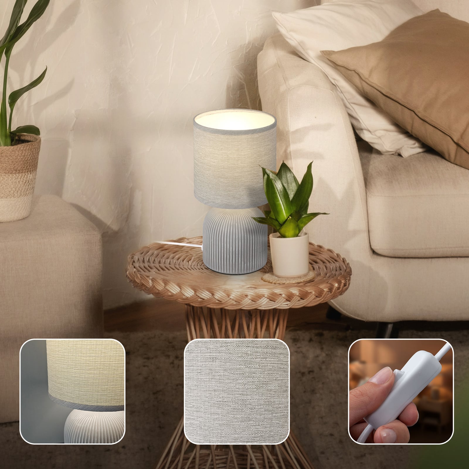 Bordslampa Ino, grå, höjd 28 cm, E14, keramik, textil