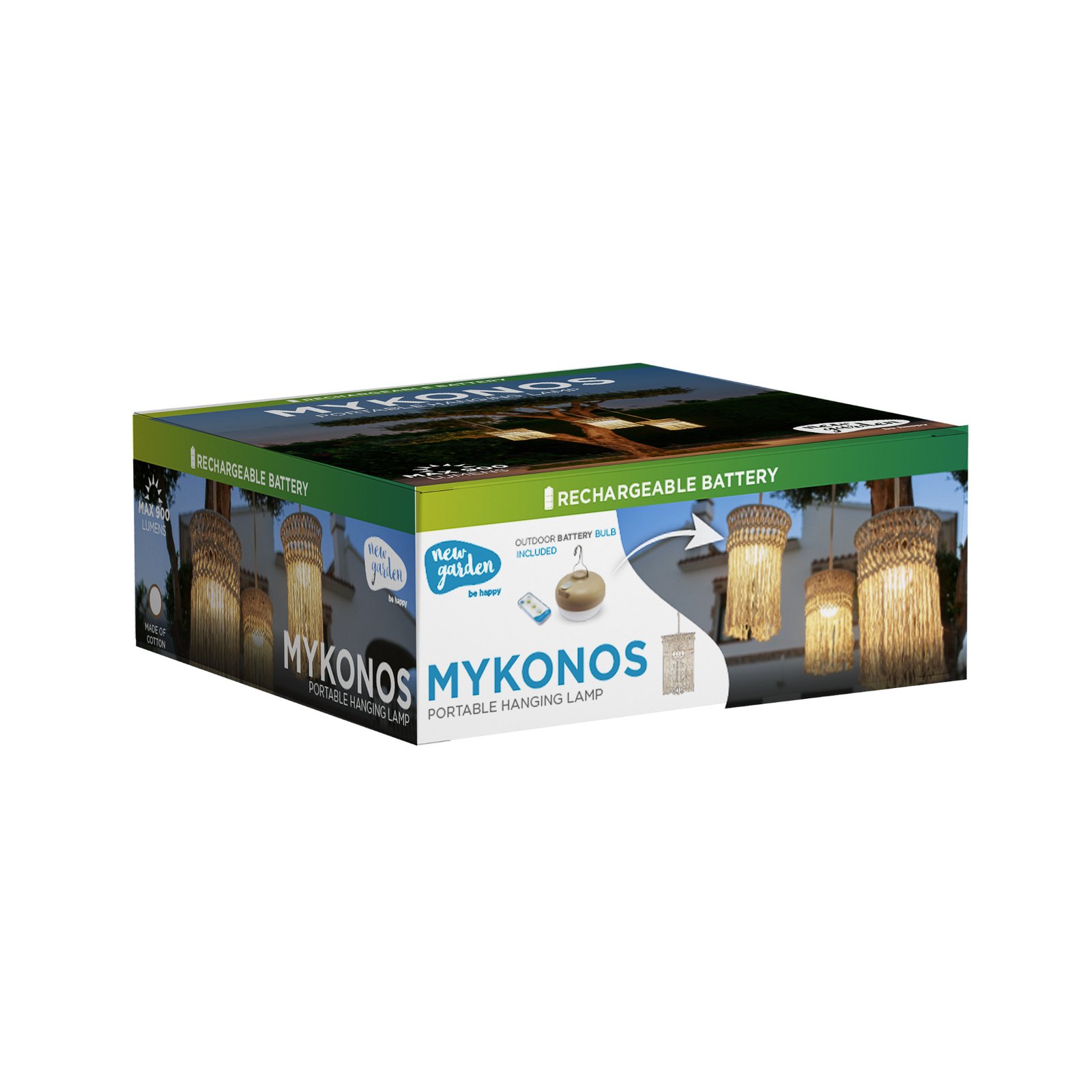 Newgarden LED-Akku-Hängeleuchte Mykonos, weiß, Baumwolle