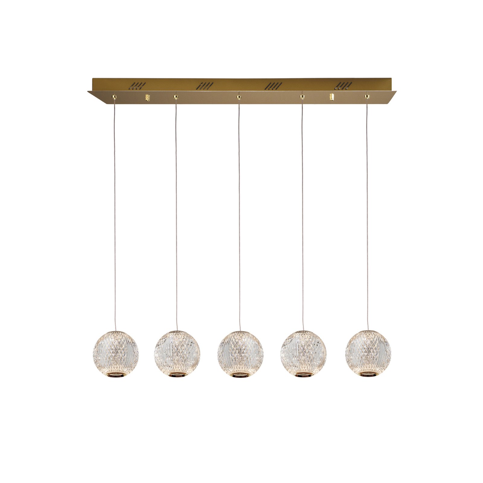 Austral LED pendant light, gold/clear 5-bulb, long