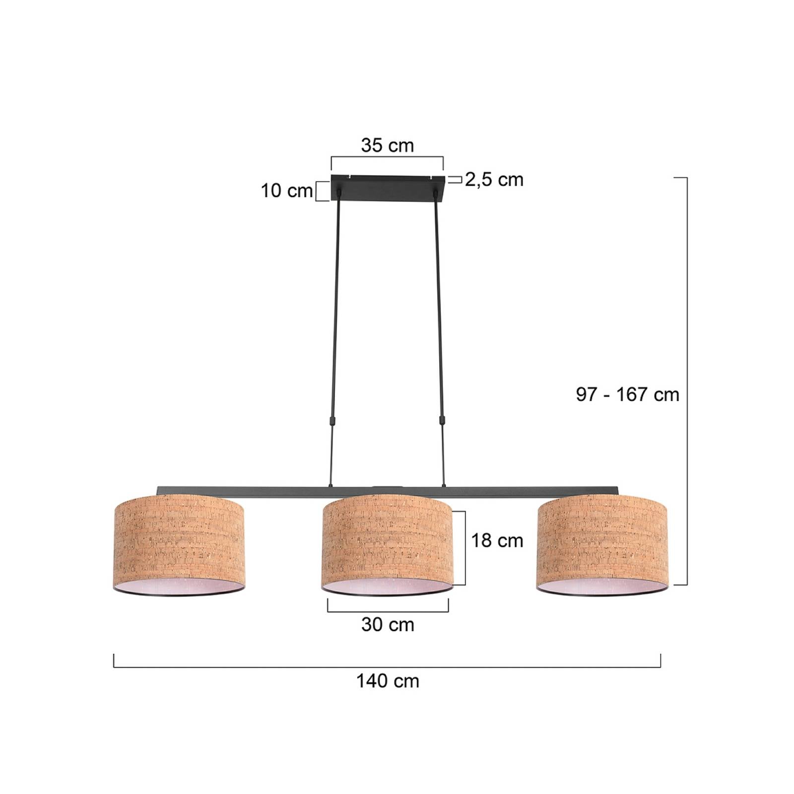 Steinhauer Lampada a sospensione Stang, nero/marrone, lunghezza 140 cm, sughero, a 3 luci.