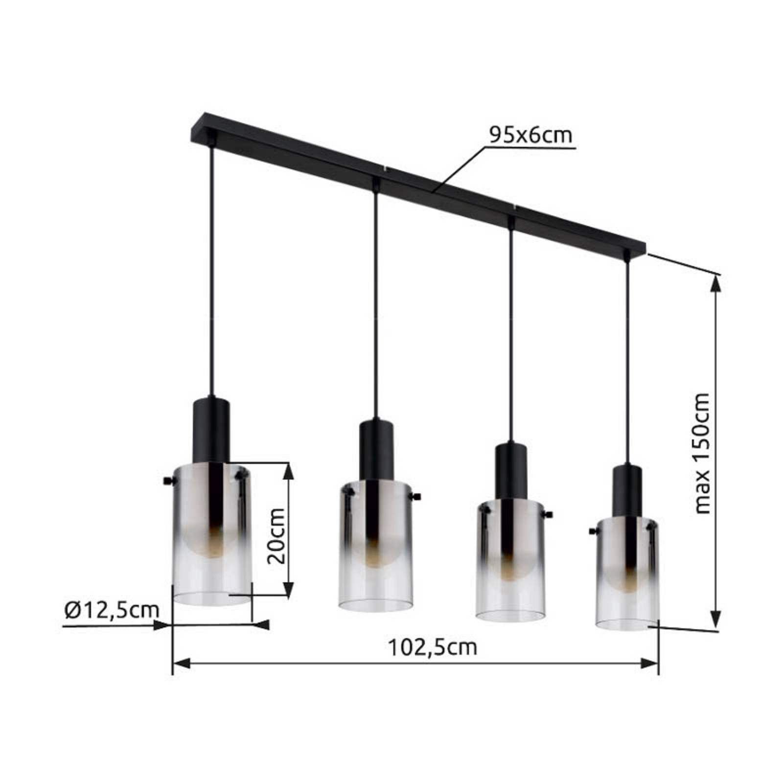 Lampa wisząca Florentina, długość 103 cm, dymny szary, szkło, 4-punktowa.