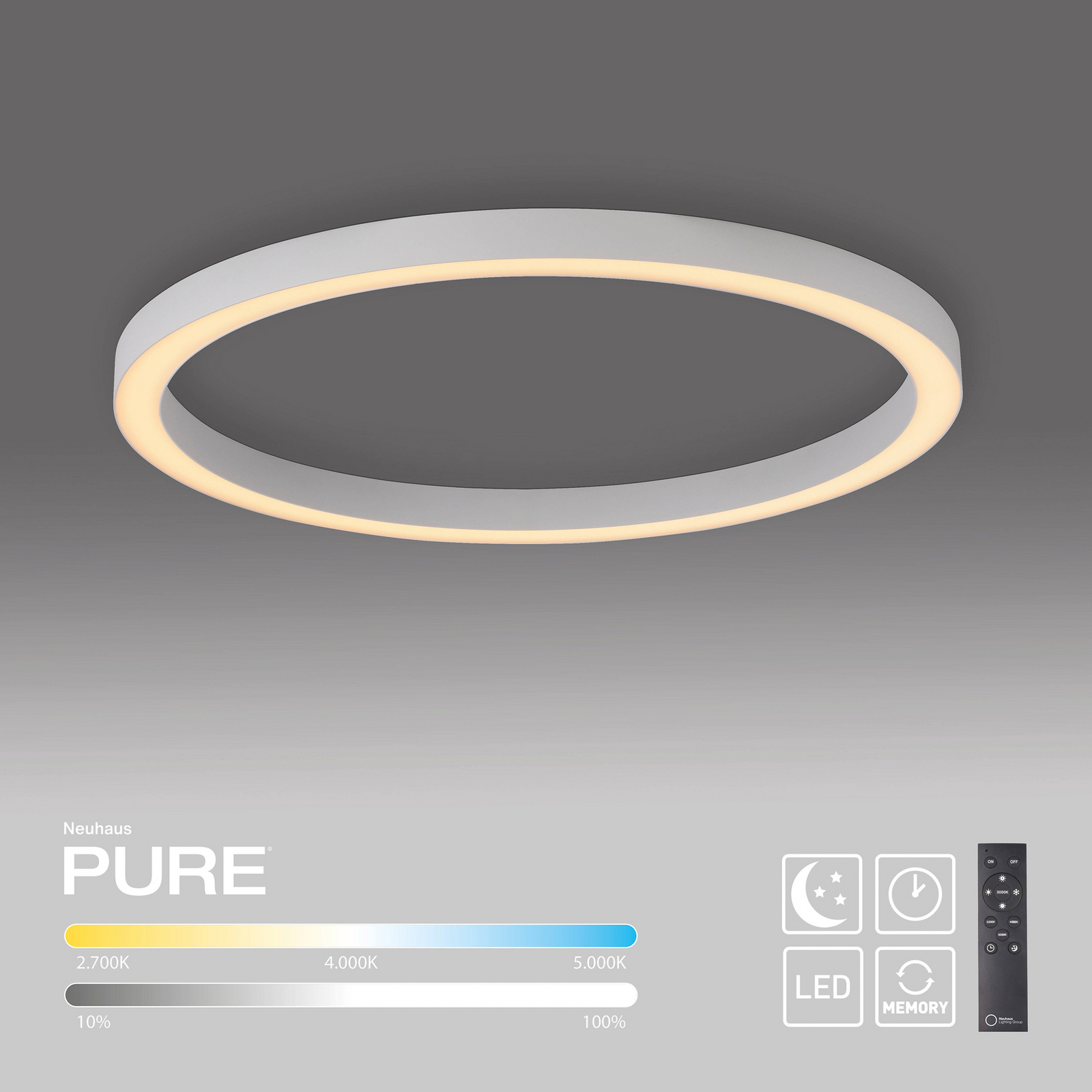 Lampa sufitowa PURE LED Lines, Ø 70 cm, biała, CCT Pilot zdalnego sterowania