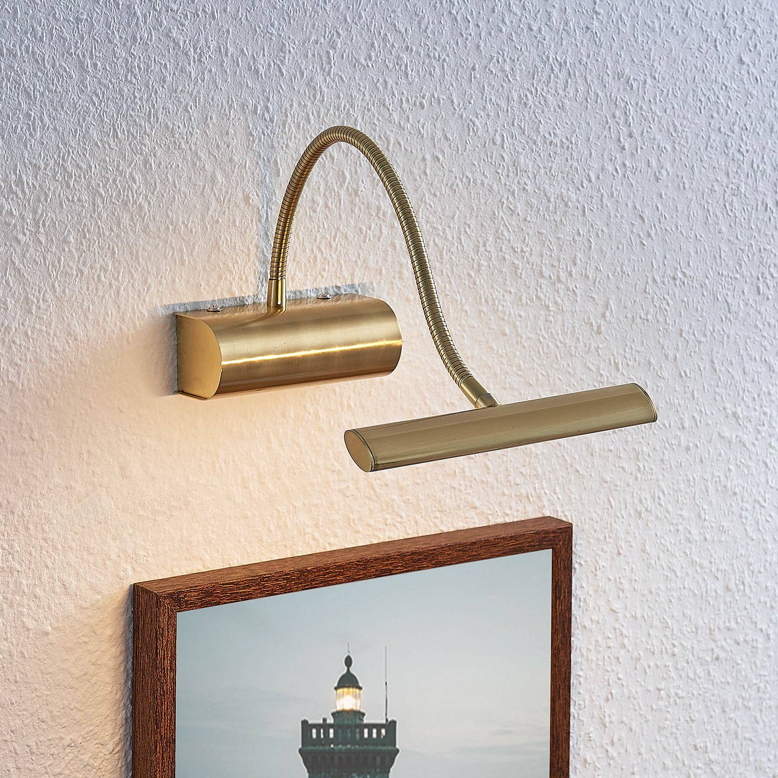 Lindby Rakel LED picture light, flexible arm, matt brass, for Living / Dining Room, metal, 4 W, W: 18.5 cm, H: 16.2 cm