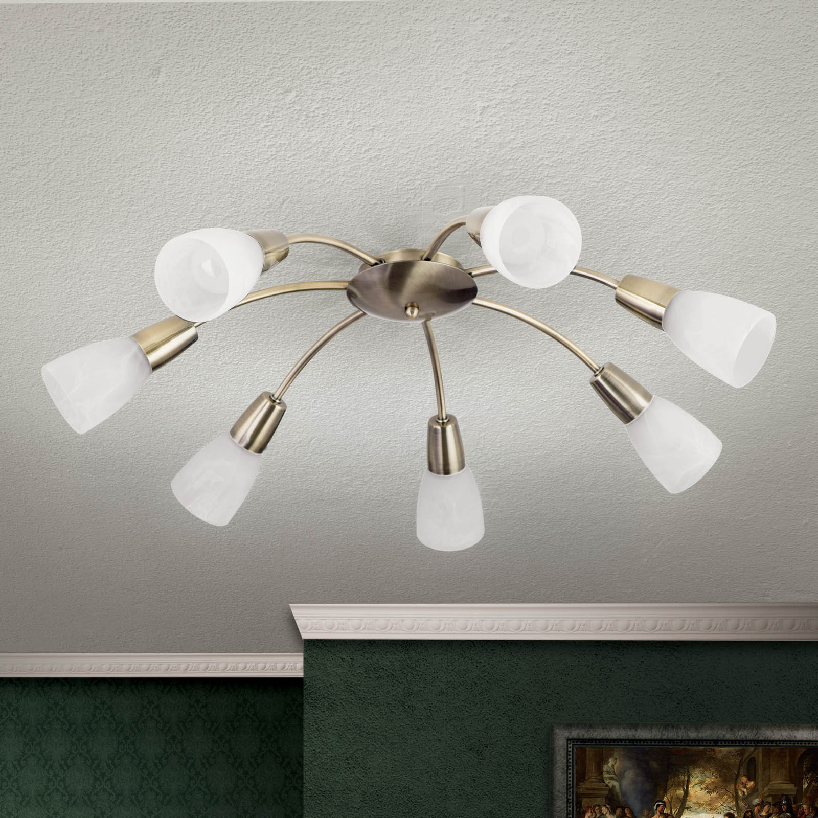 Tullo ceiling light, seven-bulb, antique brass