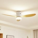 Lucande LED griestu ventilators Kayu, balts, DC, kluss, 132 cm