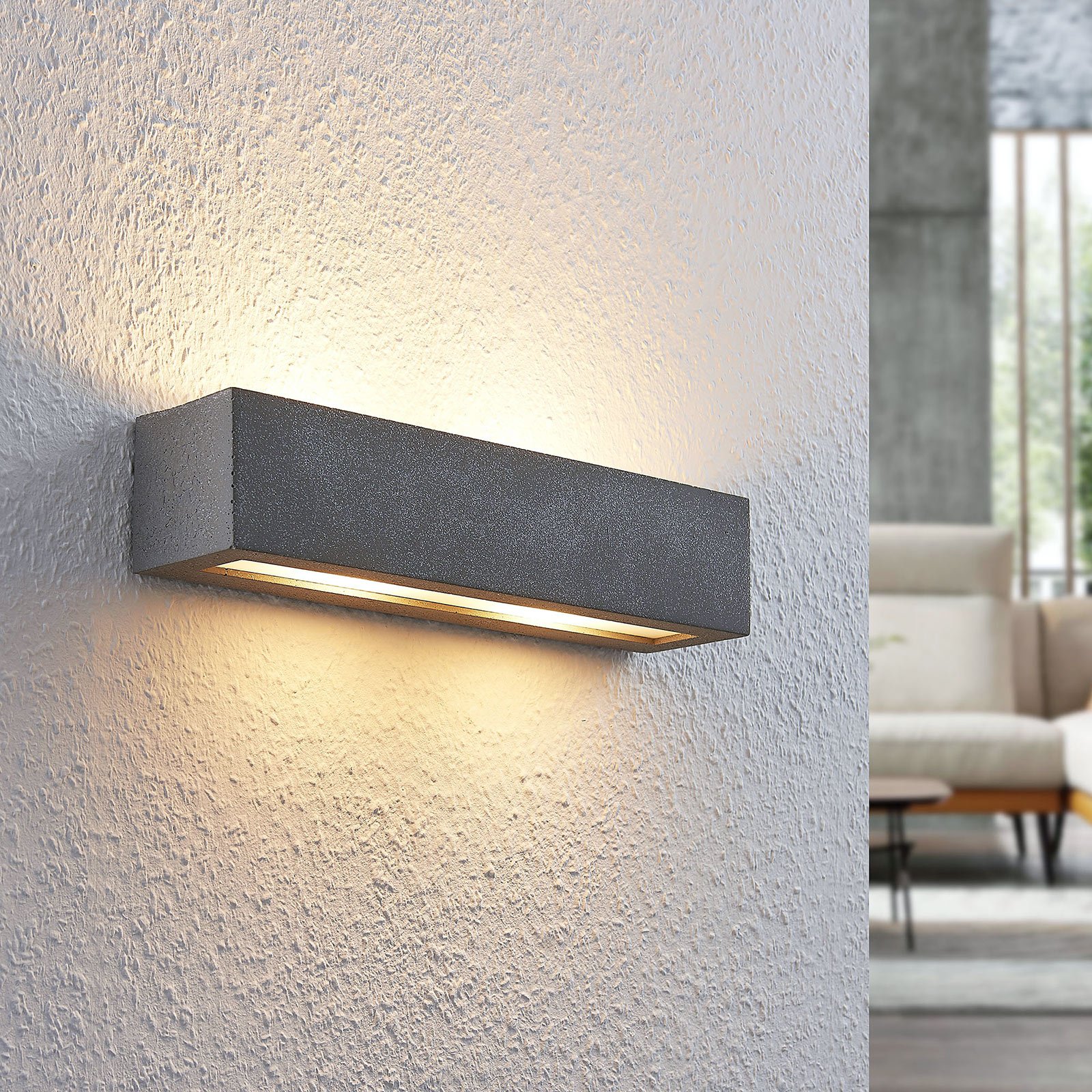 Lindby wall lamp Nellie, grey, concrete, 35.3 cm wide