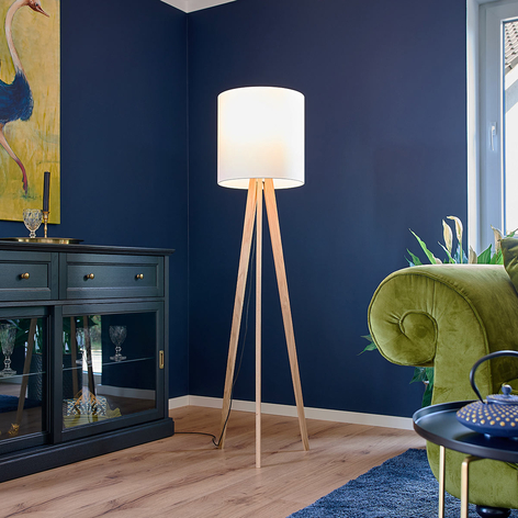 Lampadaire tissu Nida socle en bois, tissu blanc