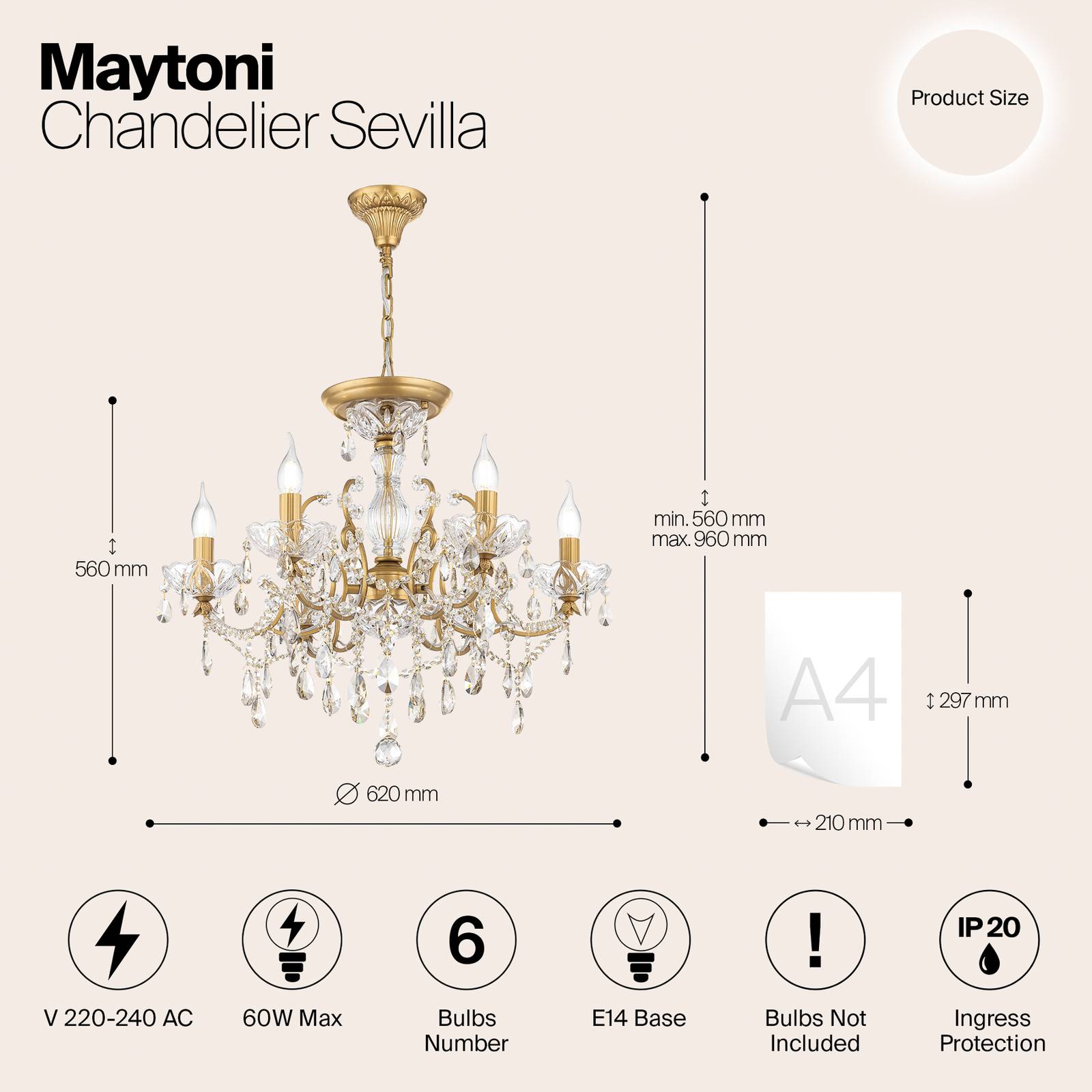 Maytoni żyrandol Sevilla, Ø 62 cm, kolor złoty, kryształy