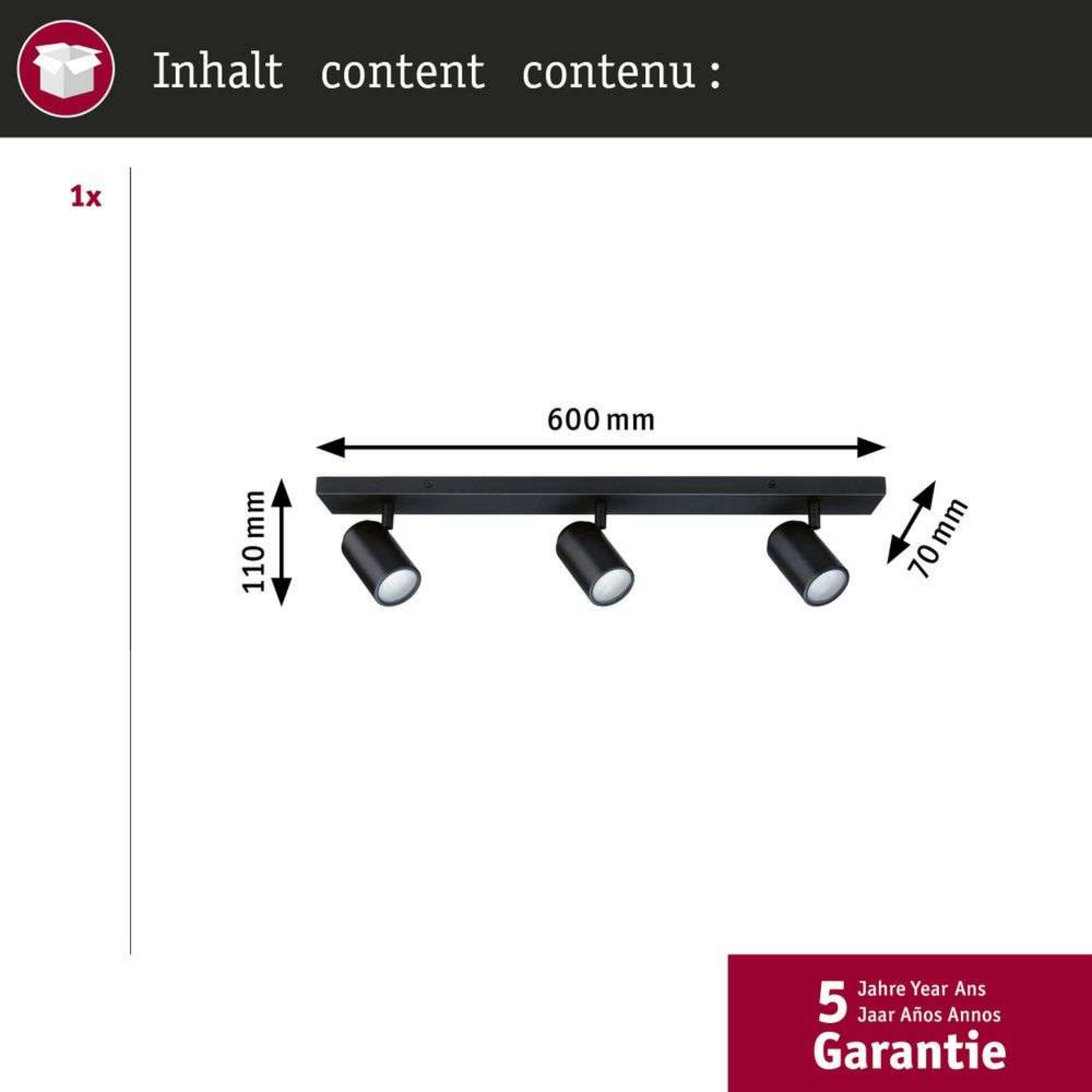 Zyli 3 Mennyezeti lámpa IP44 Long Dim. Matt Fekete - Paulmann