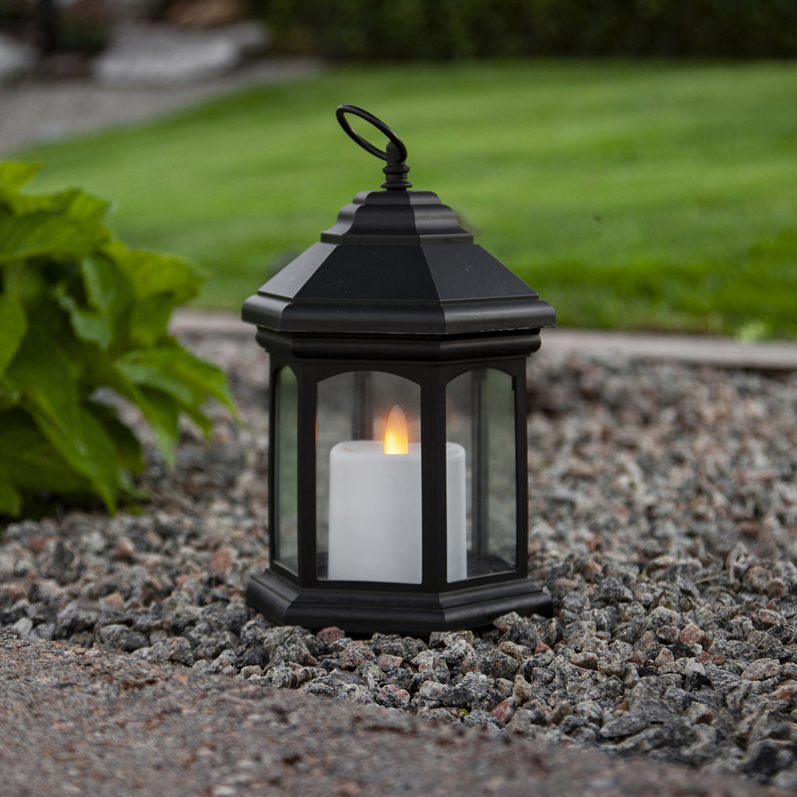 Lampe à poser LED Linta forme de lanterne, noire