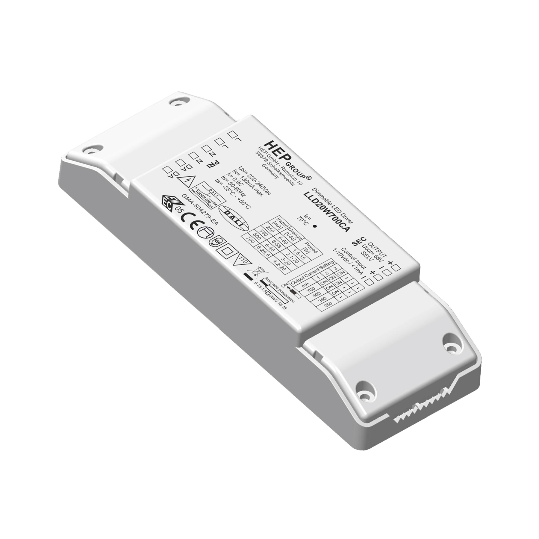 HEP LED driver LLD, 20 W, 700 mA, dimmable, CC, plastic, L: 15 cm, W: 5.2 cm, H: 2.8 cm