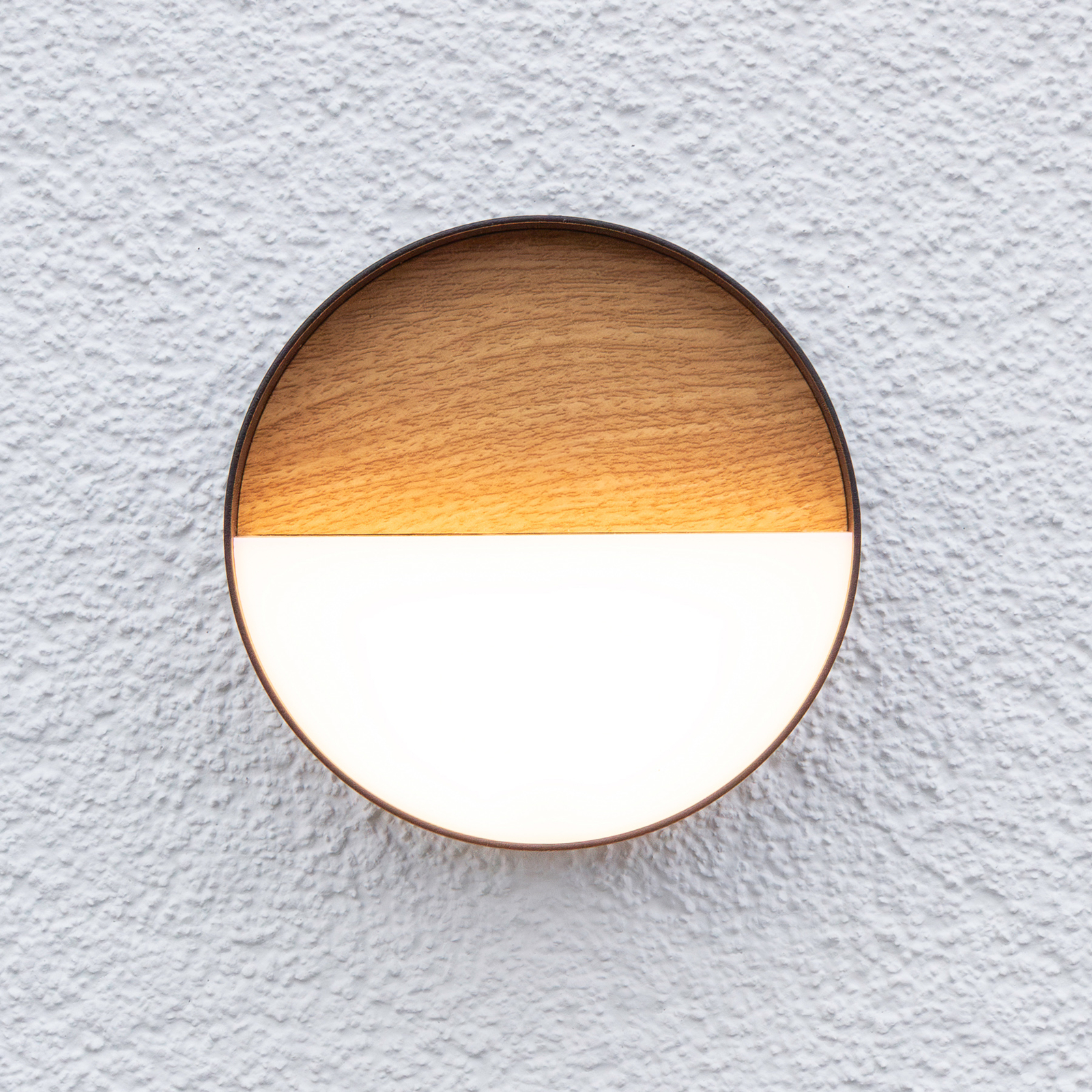 Applique d'extérieur LED rechargeable Meg, couleur bois, Ø 15 cm